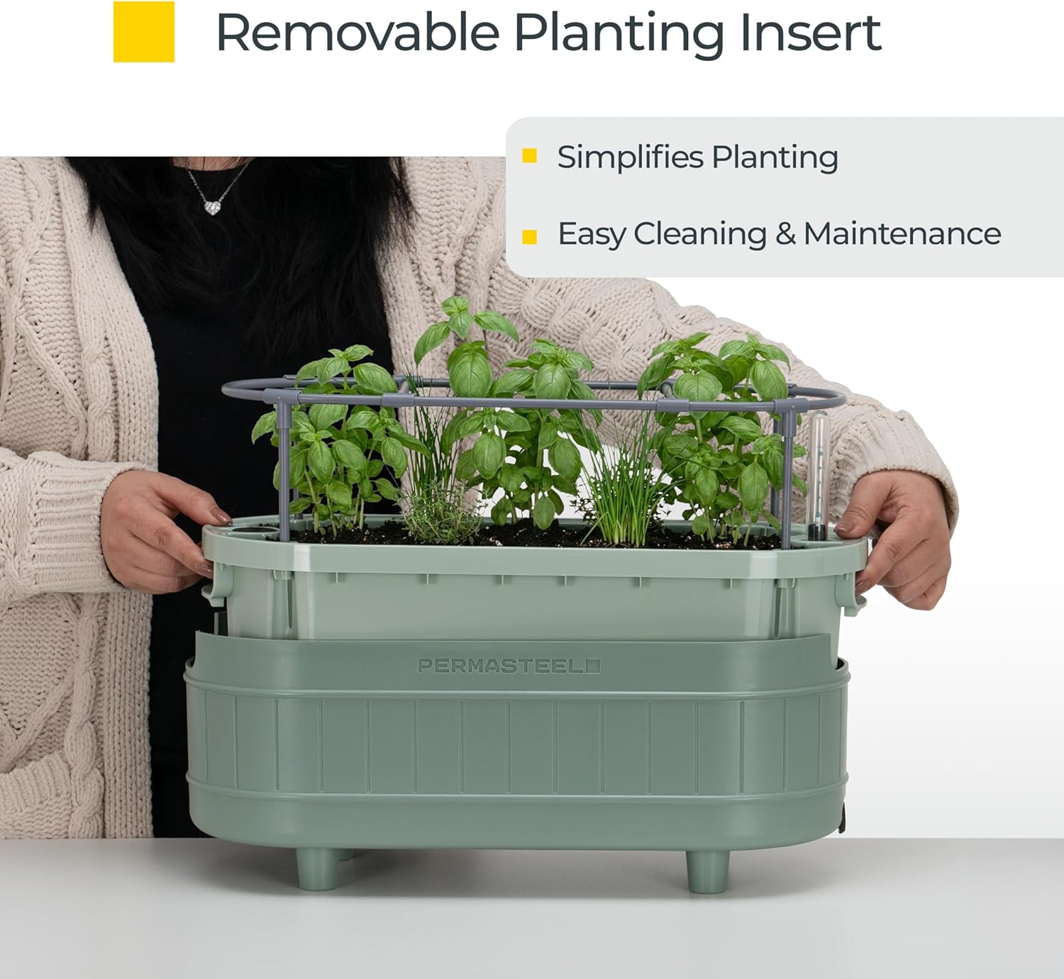 Permasteel Herb Garden Planter with Trellis Support, Self-Watering System with Water Level Indicator, Fits Multiple Herb Plants, for Basil, Flowers, Succulents, Indoor & Outdoor, Green