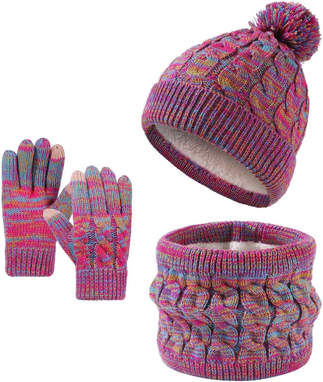 3Pcs Kids Winter Knit Hat Scarf Gloves Set Neck Warmer for 2-8 Years Old Boys Girls Kids Hat and Gloves Set(Rose)