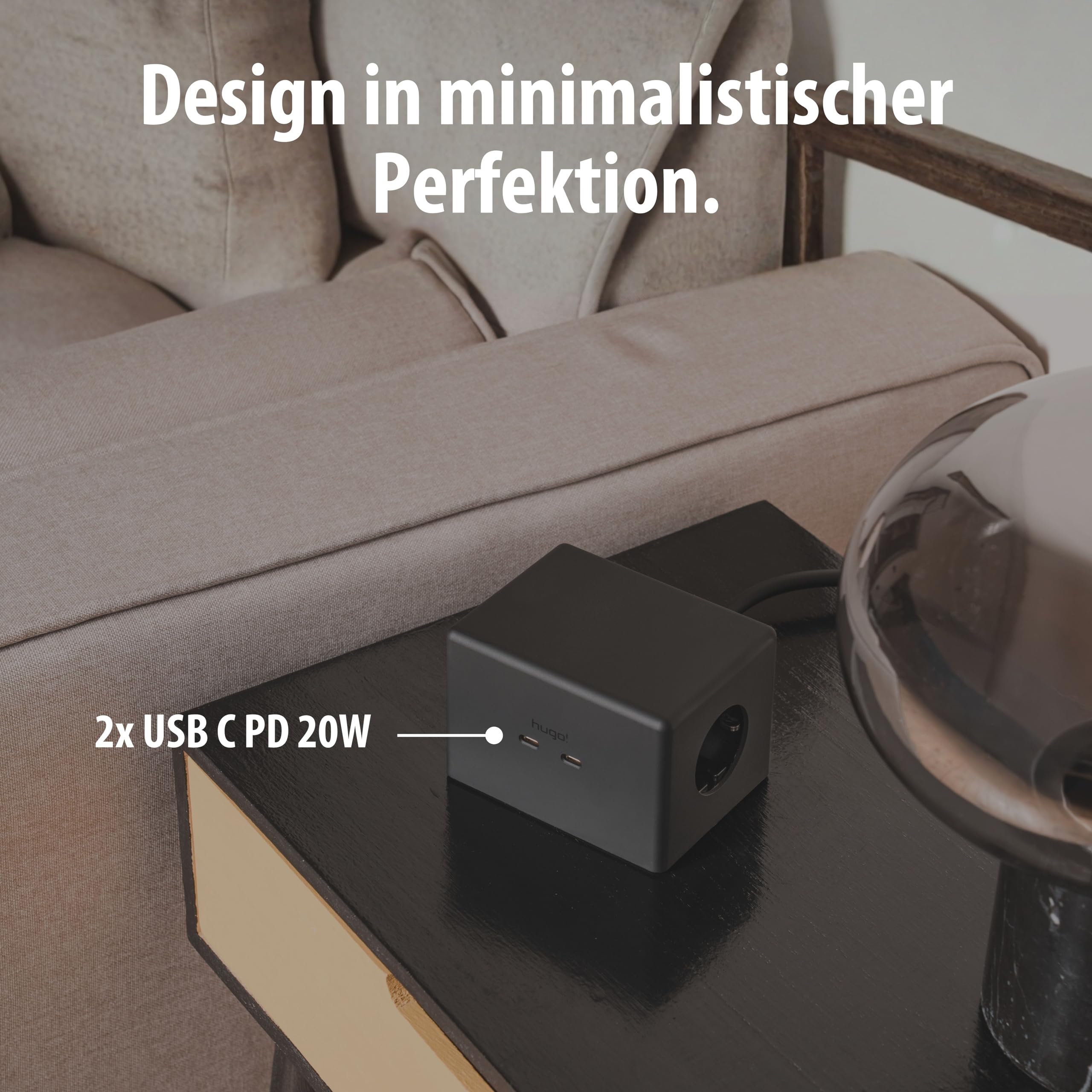 Brennenstuhl Hugo! One 2nd Gen. Cubo de enchufes con USB C 20W PD | (cargador inalámbrico, regleta USB C, interruptor táctil, estación de carga inductiva con cable de 2m) negro intenso