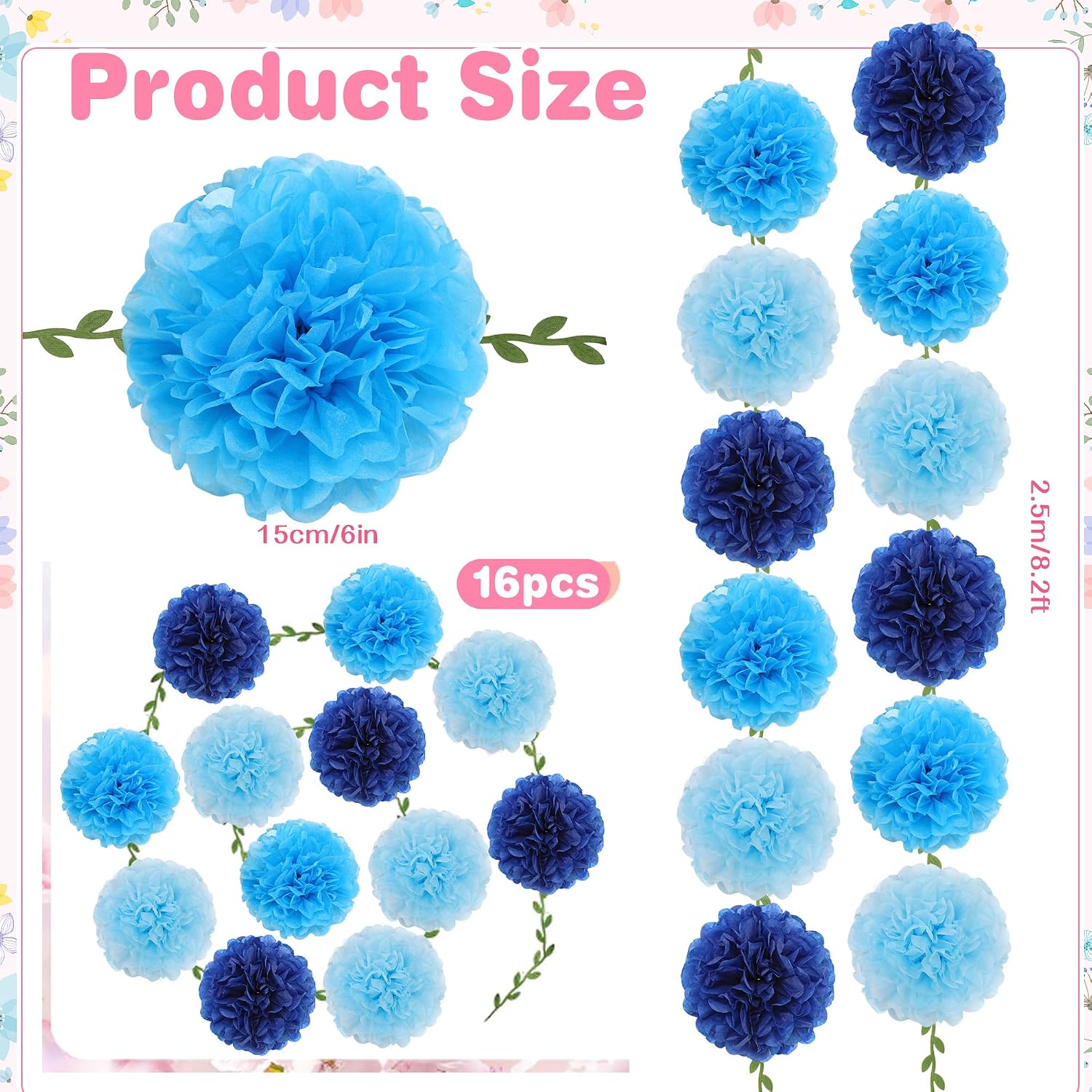 BestoFun 16 PCS Blue Tissue Paper Pom Pom Garland, Flower Garland, Elegant Baby Boy Shower Decorations, Blue Party Supplies for Birthday Wedding Bridal Shower Decorations image 3