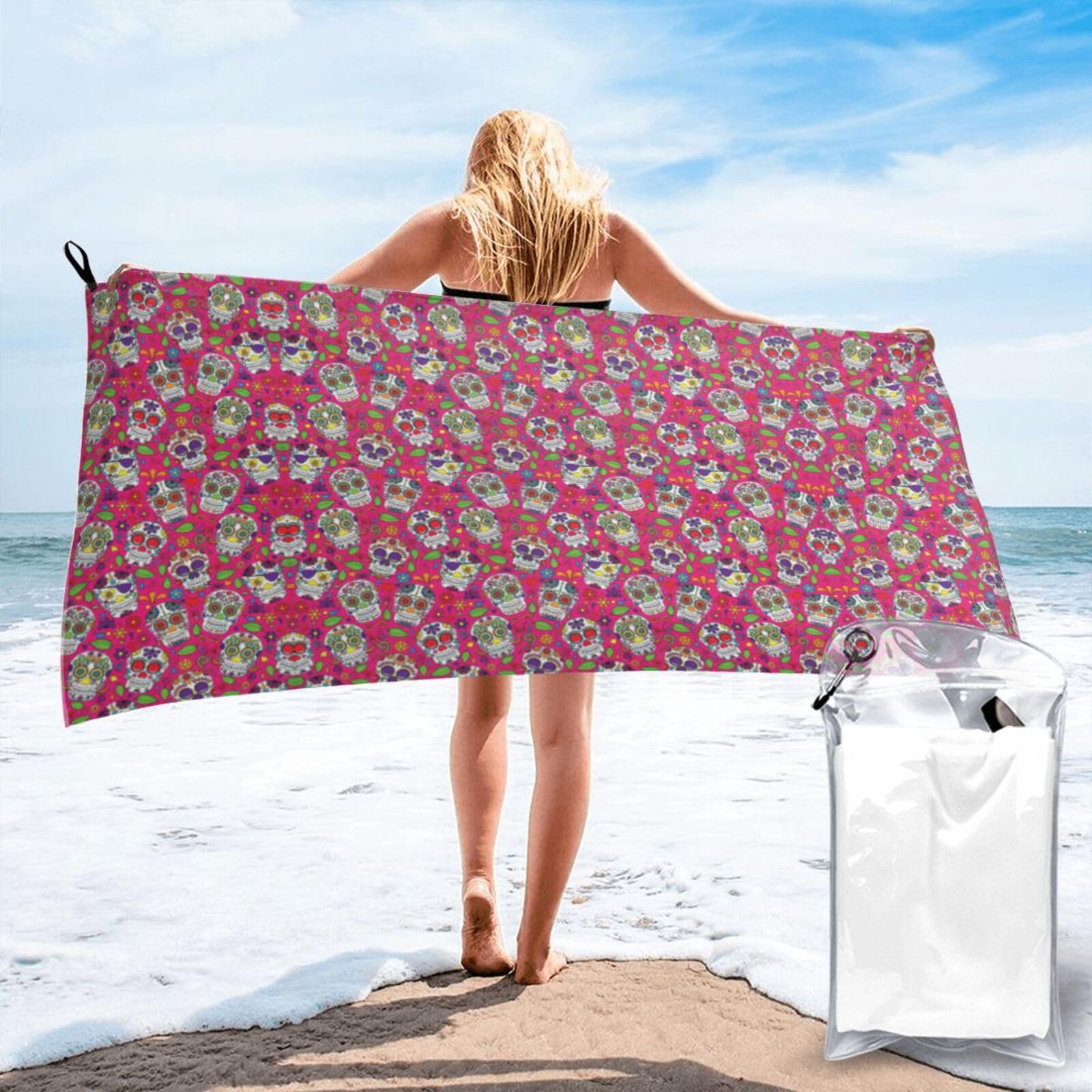 SDEGTHO Skull And Green Leaves Print Beach Towel Quick Dry Portable For Swimming Yoga Adults Fitness