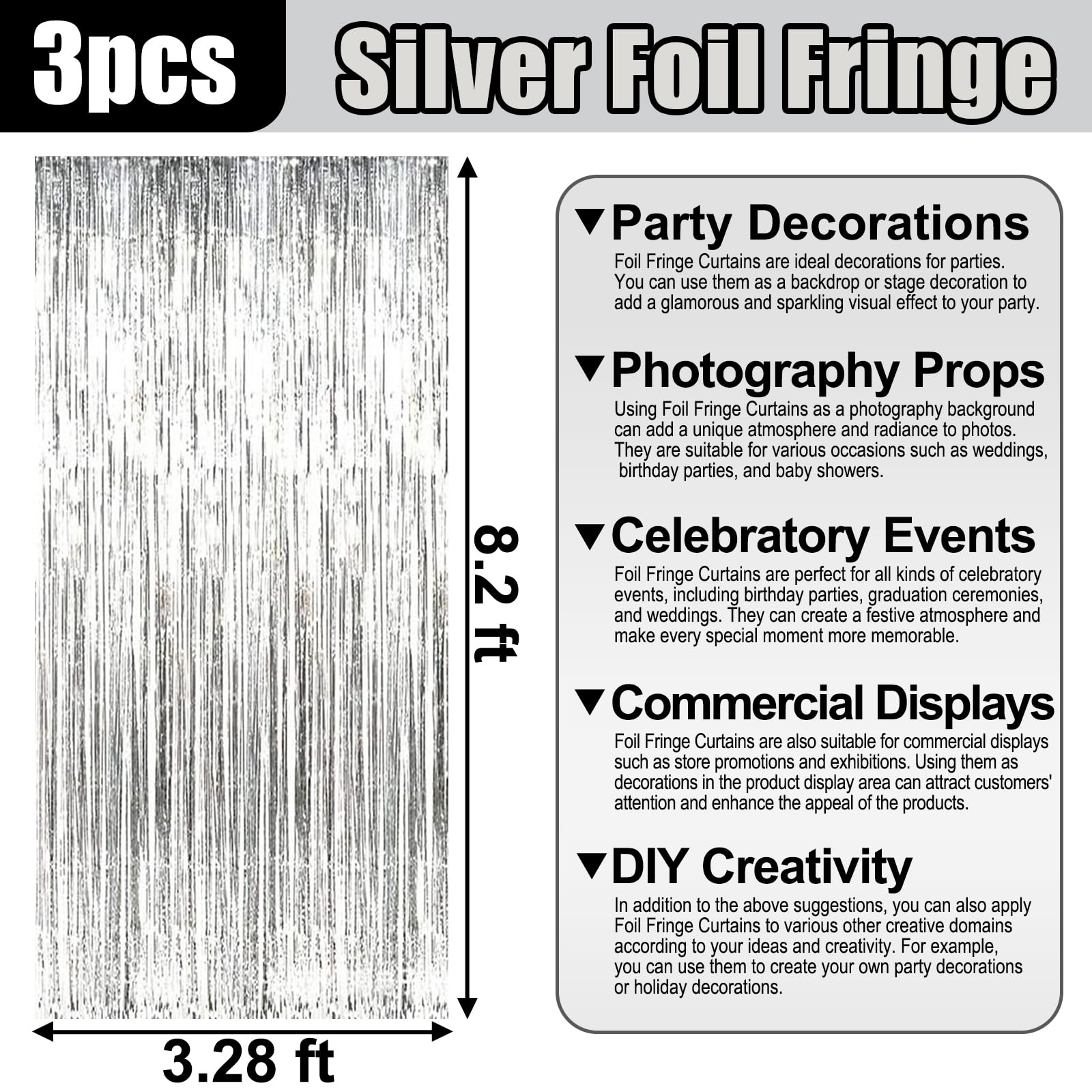 Paquete de 3 cortinas de flecos de papel de aluminio plateado, 3.28 pies x 8.2 pies, cortinas metálicas de oropel para accesorios de cabina de fotos, cumpleaños, bodas, decoración del día del