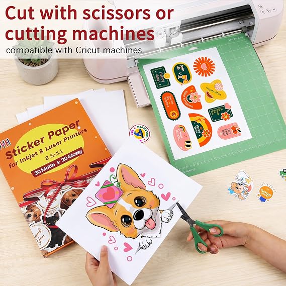 QYH Printable Vinyl Sticker Paper Combo, 50 Sheets (30 Matte+20 Glossy) | 8.5x11, Compatible with Cricut, Waterproof, Fast Dry Vivid Color Tear Resistant for Inkjet & Laser Printer, DIY Crafts