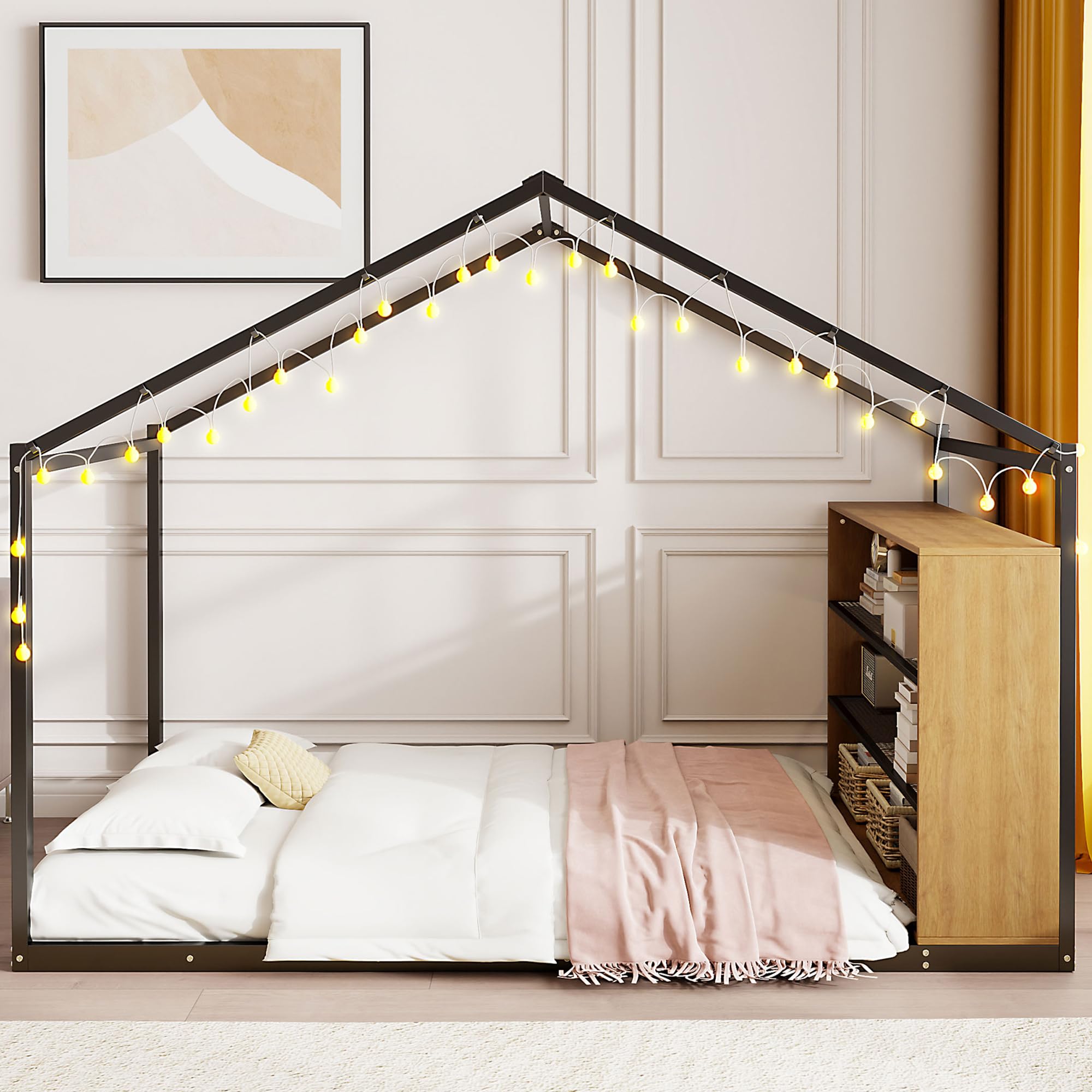 Montessori Floor Bed with Storage Shelf and LED Lights, Metal House Kids Bed, Full Size Black