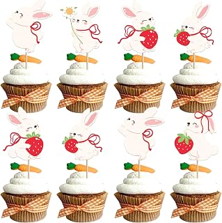 30 PCS Rabbit Strawberry Cupcake Toppers Double Sided Sweet Berry Bunny Cupcake Picks for Strawberry Theme Baby Shower Wedding Birthday Party Cake Decorations Supplies