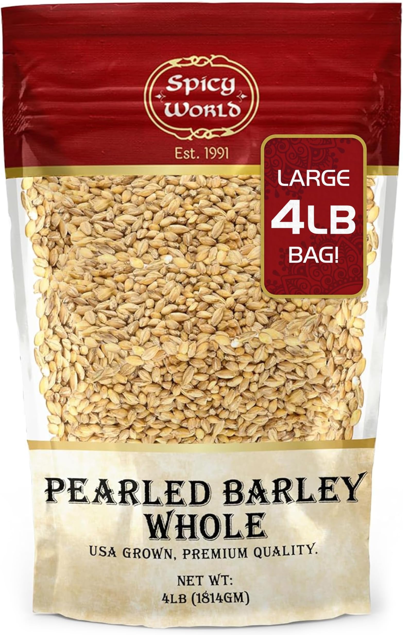 Spicy World Pearl Barley (Whole) Grain 4 LB Jumbo Bag - USA Grown (64oz) - All Natural, Non-GMO Source, Resealable