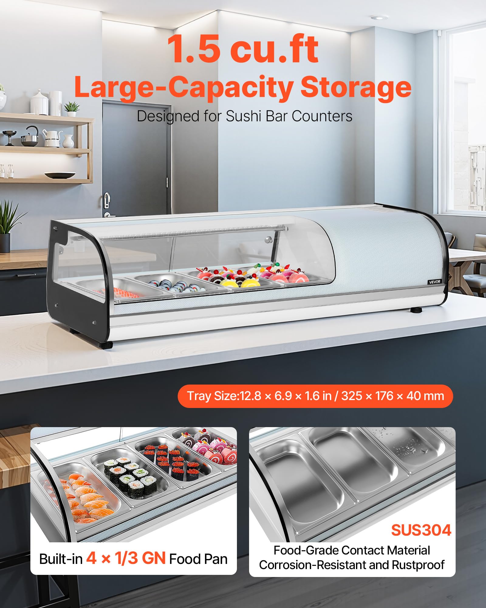 VEVOR Vitrina Refrigerada de 42 L para Sushi, 4 Bandejas, con Vidrio Curvo, Iluminación LED y Control Digital de Temperatura, Ideal para Mostradores, Restaurantes y Tiendas, 1160 x 425 x 290 mm
