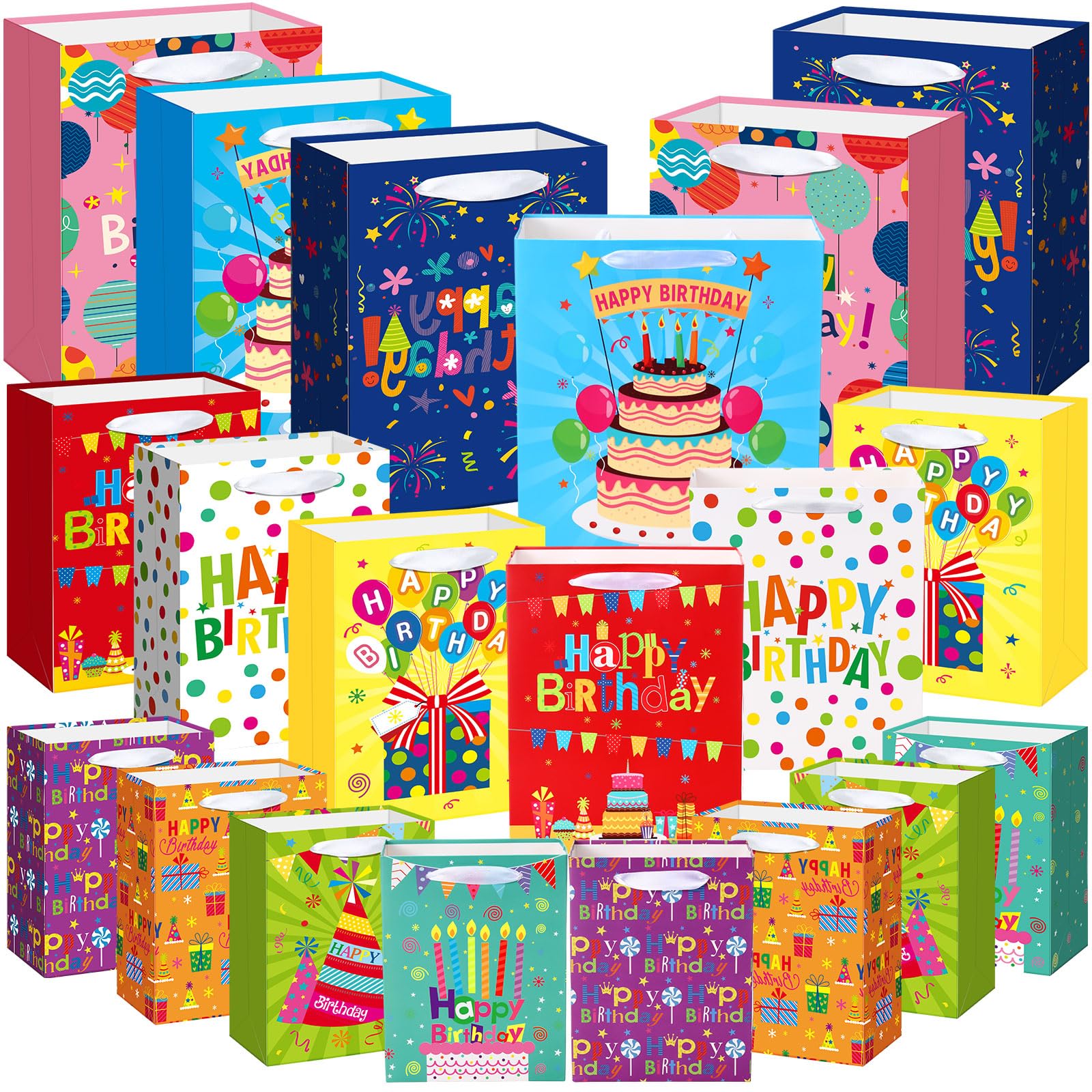 Gilprop 20pcs Birthday Gift Bag with Handle Gift Bags Assorted Sizes and Designs Large, Medium, Small Size for Kids, Boys, Girls, Women and Men'