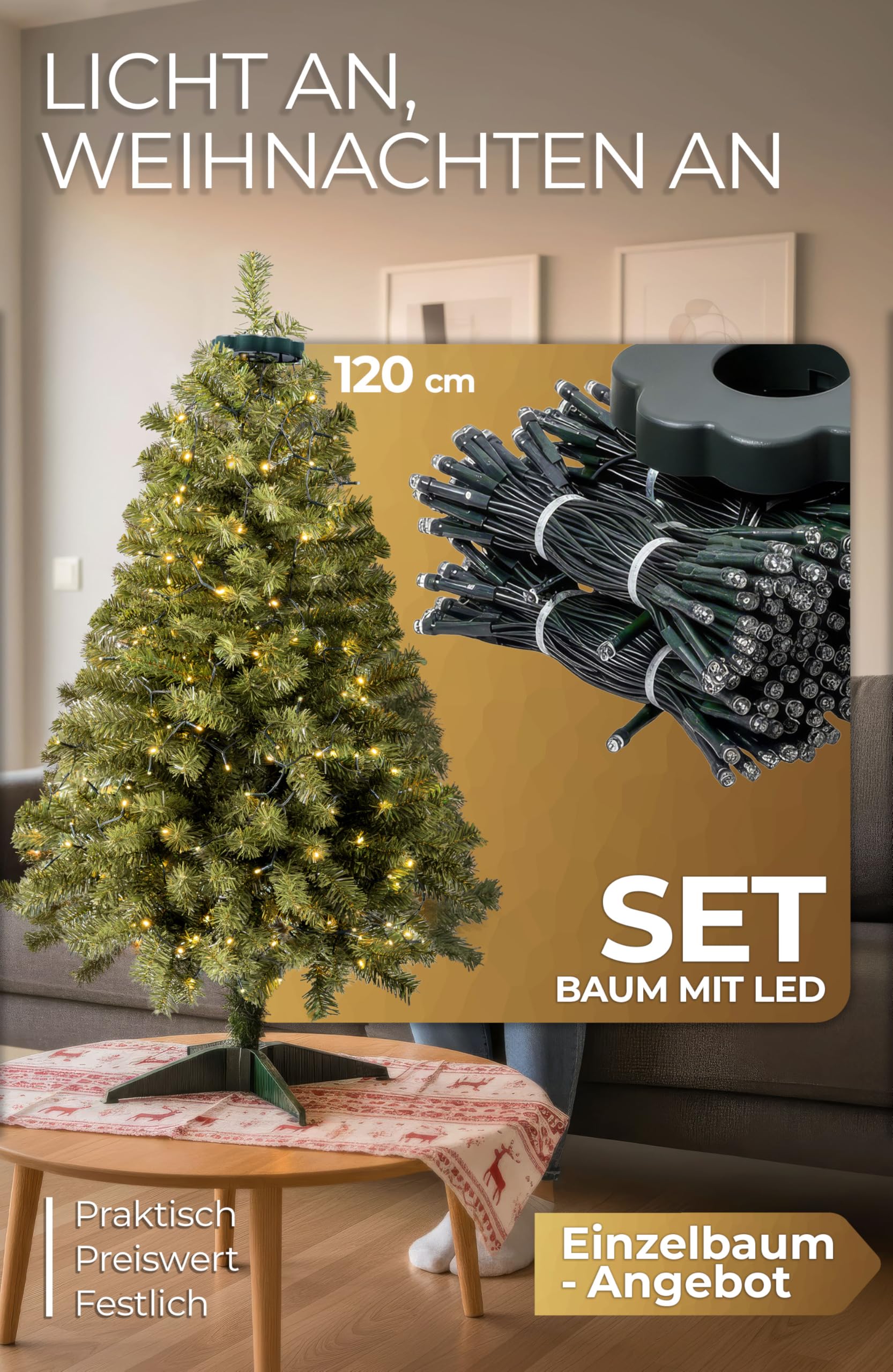 Weihnachtsbaum mit Beleuchtung 120 cm - Praktisch, Preiswert, Festlich - Mehr Glanz zur Weihnachtszeit mit künstlichem Weihnachtsbaum, Tannenbaum künstlich – 10 Jahre Garantie aus 4smile