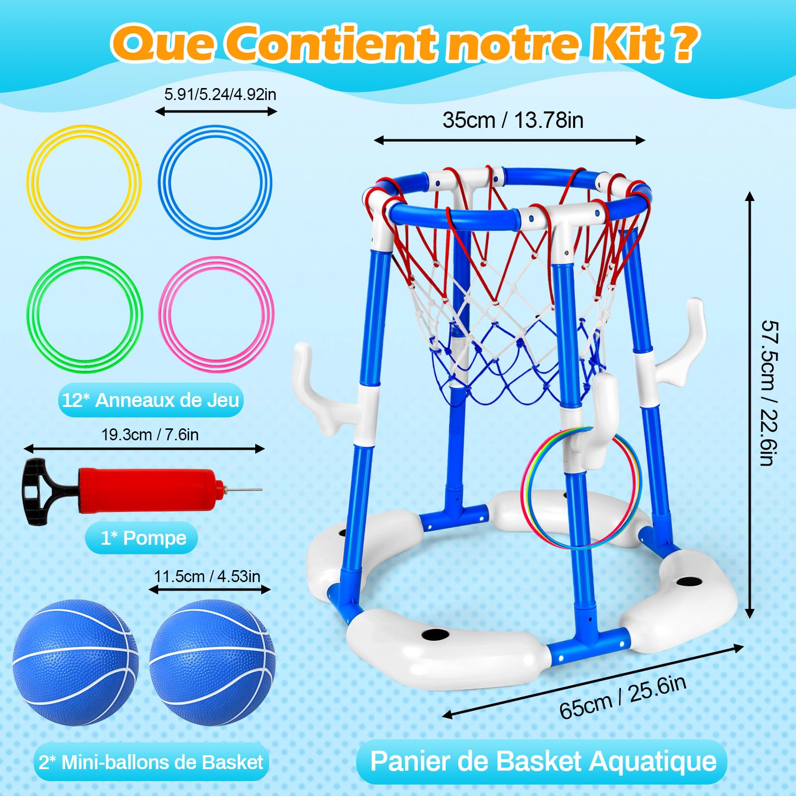 Panier Basket Flottant, 2-en-1 Panier Basket Piscine, Ensemble de Basketball à Eau avec 2 Ballons, 12 Anneaux et Pompe, Jouets Basketball Aquatiques pour Enfants et Adultes