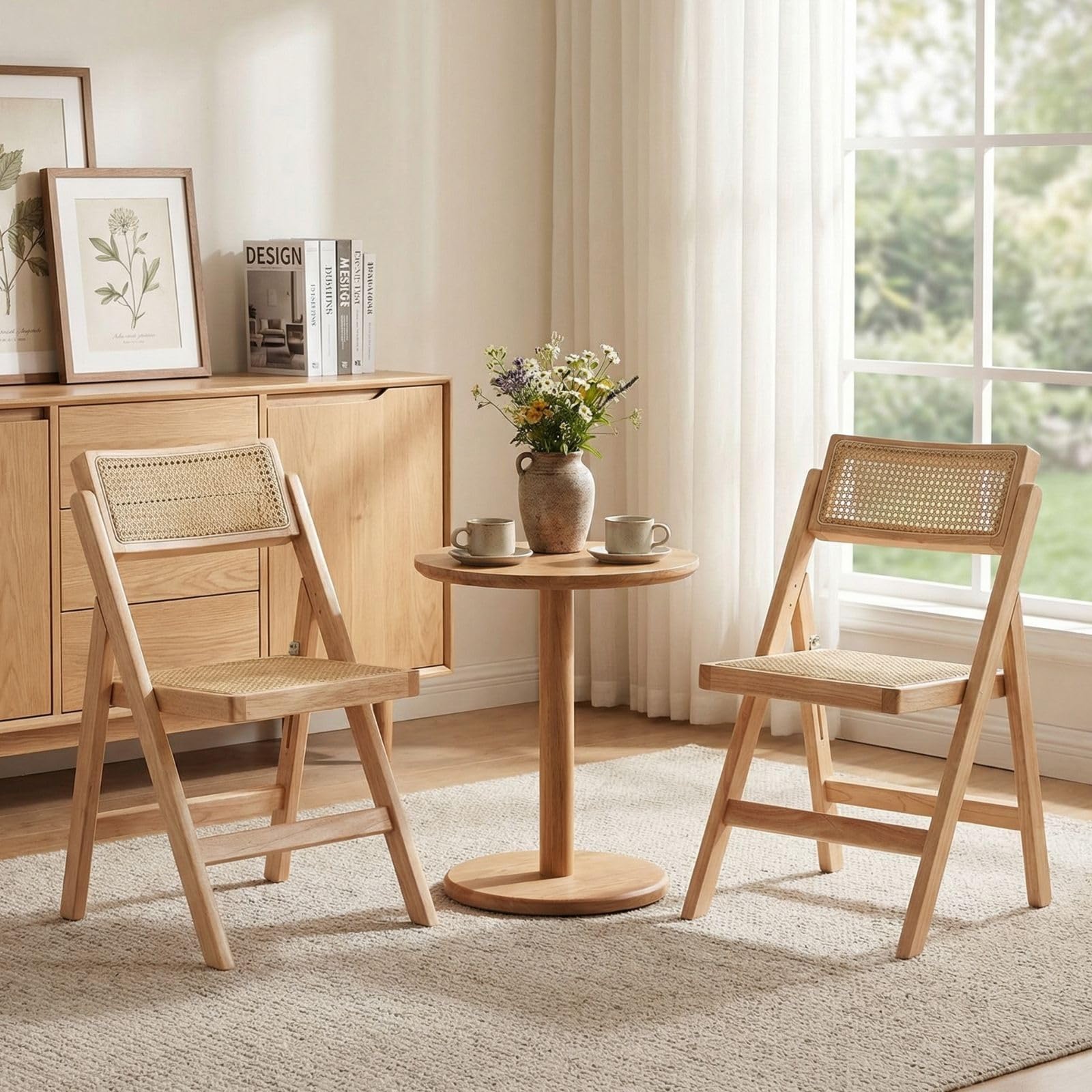chairus Juego de 2 Sillas de Comedor de Madera Sillas de Jardín Plegables de Ratán, Sillas de Terraza sin Reposabrazos para Exterior/Cocina, Color Natural