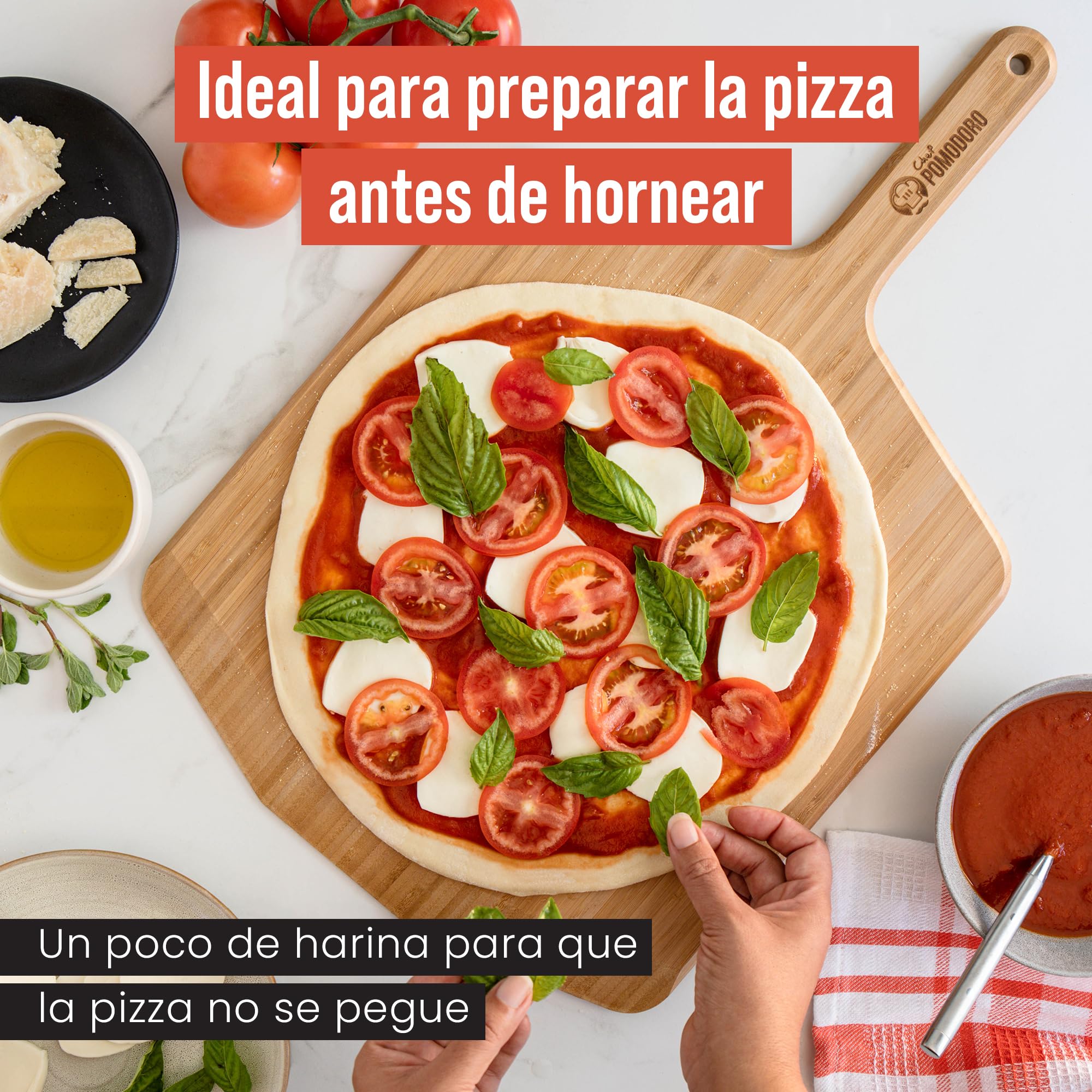Chef Pomodoro Pala Pizza 41 cm, Tabla Pizza Horno de Madera de Bambú para Hornear Pizza Casera y Pan, Bandeja Madera Aperitivos, Embutidos y Quesos, Utensilios de Cocina para Pizzeros