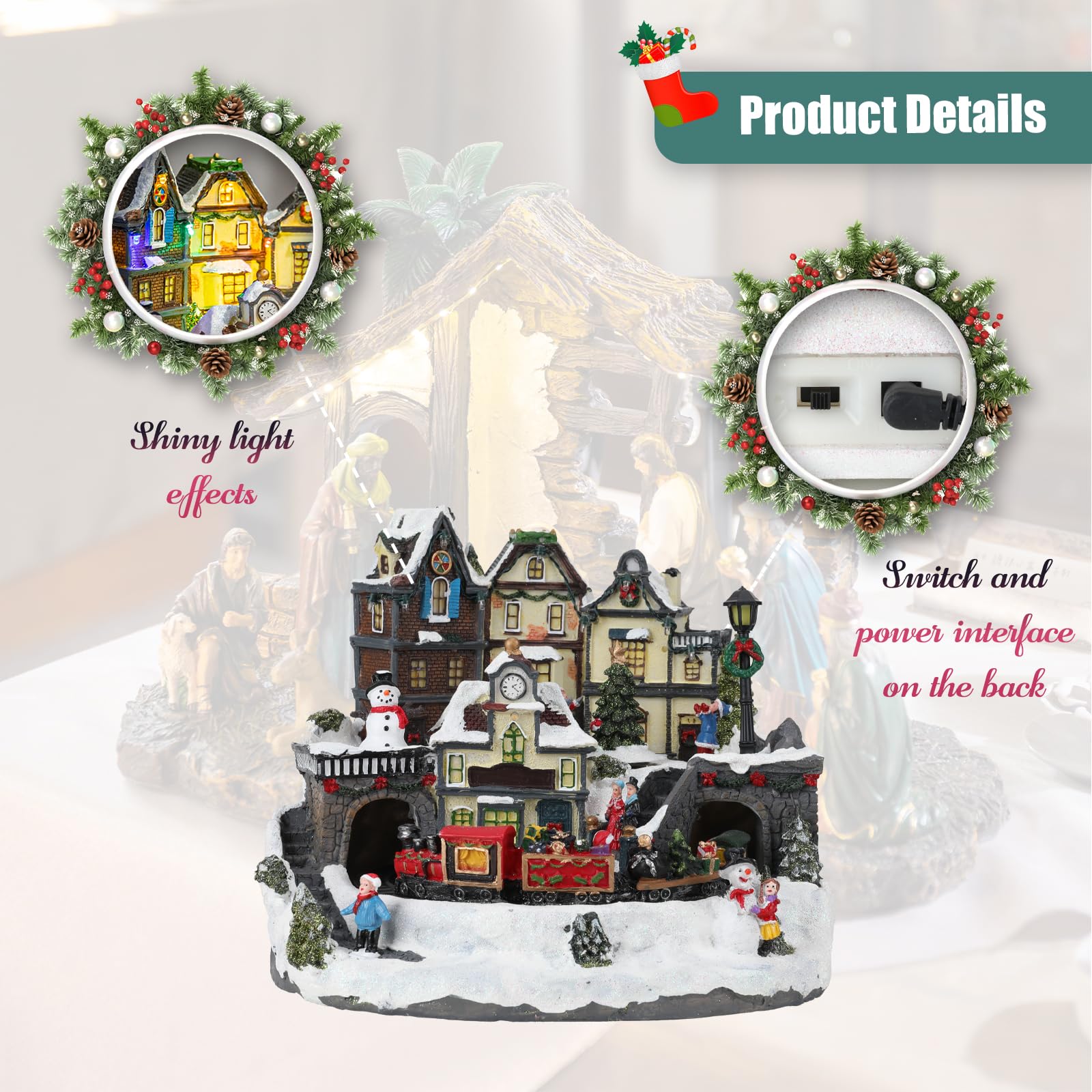 Afirst Weihnachtsdorfhäuser Figuren – Weihnachtshäuser bewegliche Züge rotierender Weihnachtsbaum beleuchtet Weihnachtshaus Villen Navideas Weihnachten beleuchtet Musik mit USB Indoor Display