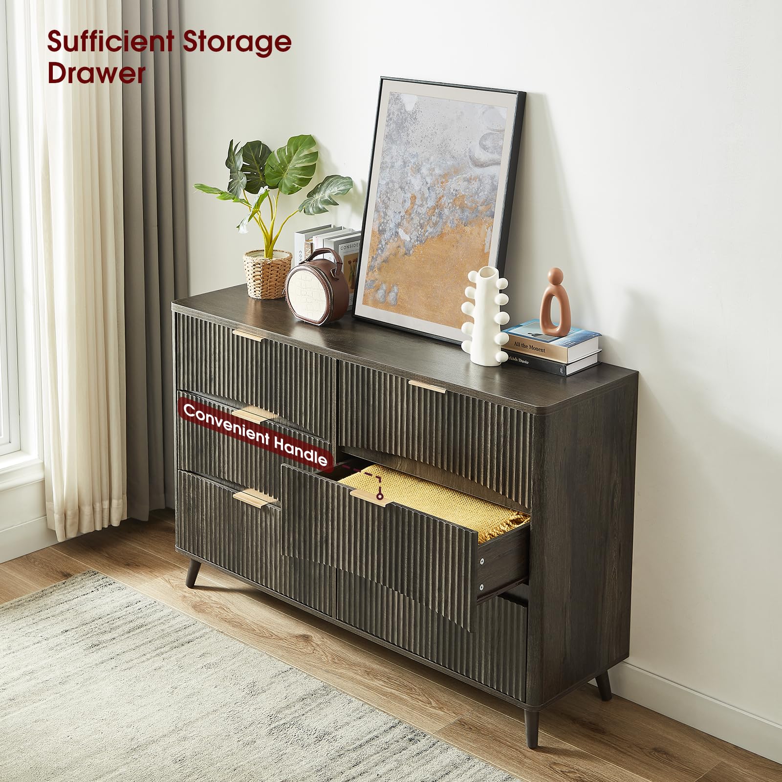 Amazon.com: Evermagin 55" Wide Fluted 6 Drawer Dresser, Mid Century Modern  Curved Dresser, Light Wood Chest of Drawers for Bedroom, Living Room and  Entryway, Dark Grey : Home & Kitchen