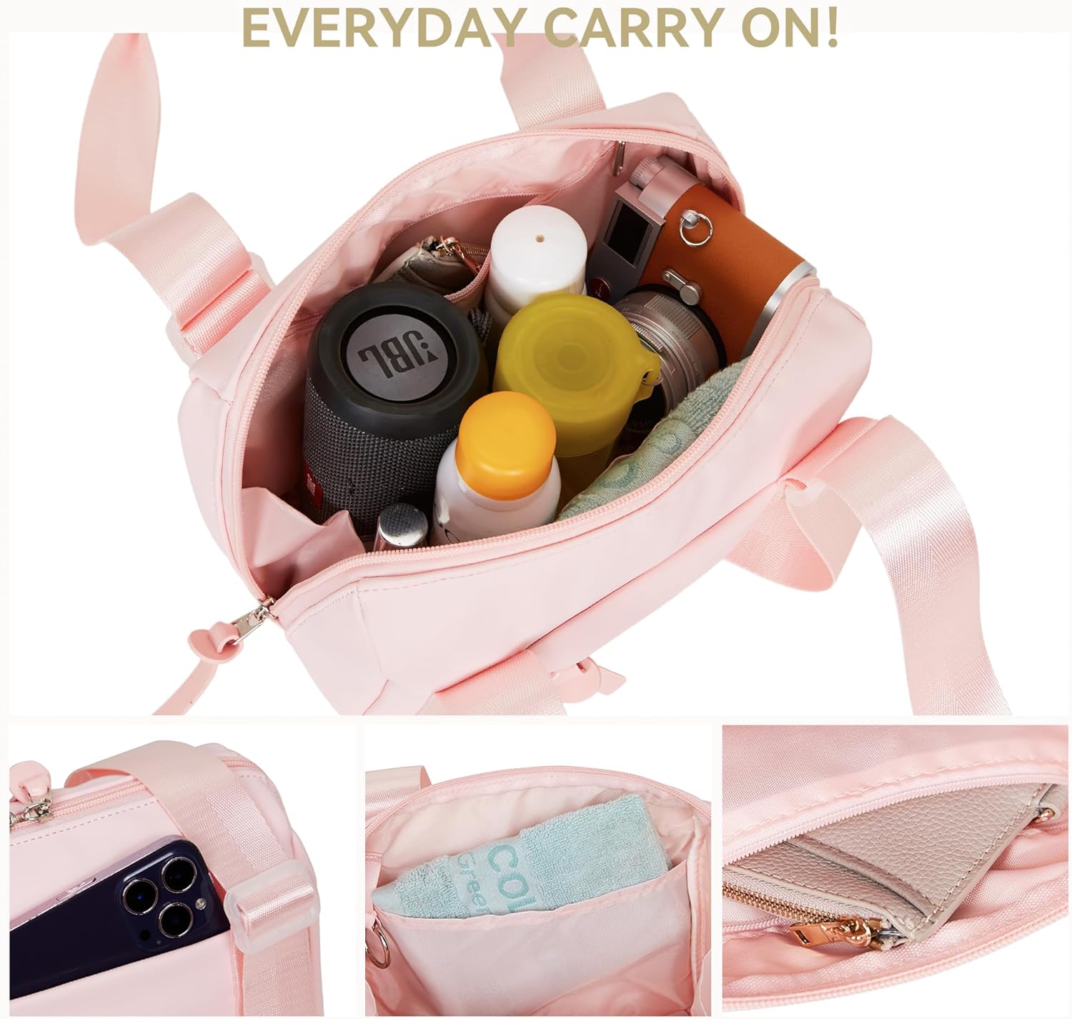 Everyday Mini Gym Bag for Women, Small Tote with Zipper Compartment & Key Ring Clip, Waterproof Travel Duffle Cute Workout Sports Carry On with Longer Shoulder Strap, Easy to Clean - Pink image 5 of 7 B0DHLJ1WHD