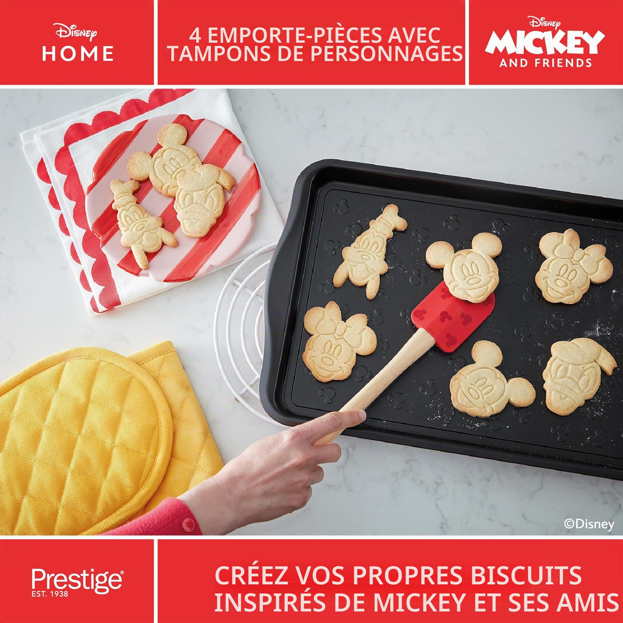 Prestige Lot de 4 ustensiles de cuisine Disney Bake with Mickey Mouse avec cuillères à mesurer, spatule en silicone, rouleau à pâtisserie et emporte-pièce