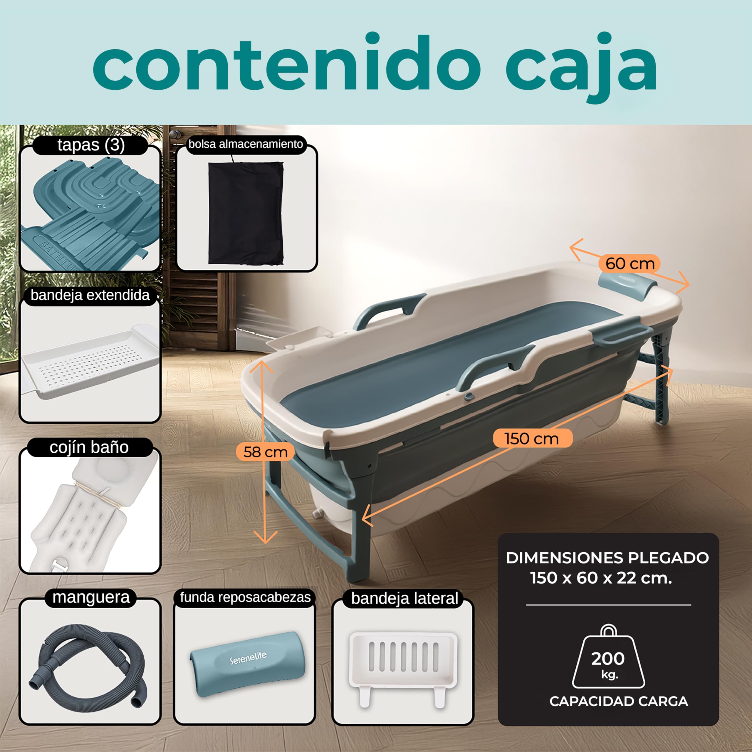 SereneLife bañera plegable para adultos, 150cms, Portatil, Independiente para spa caliente o baño de hielo, Cold plunge, Uso en interiores y exteriores, Ideal para mascotas tambien