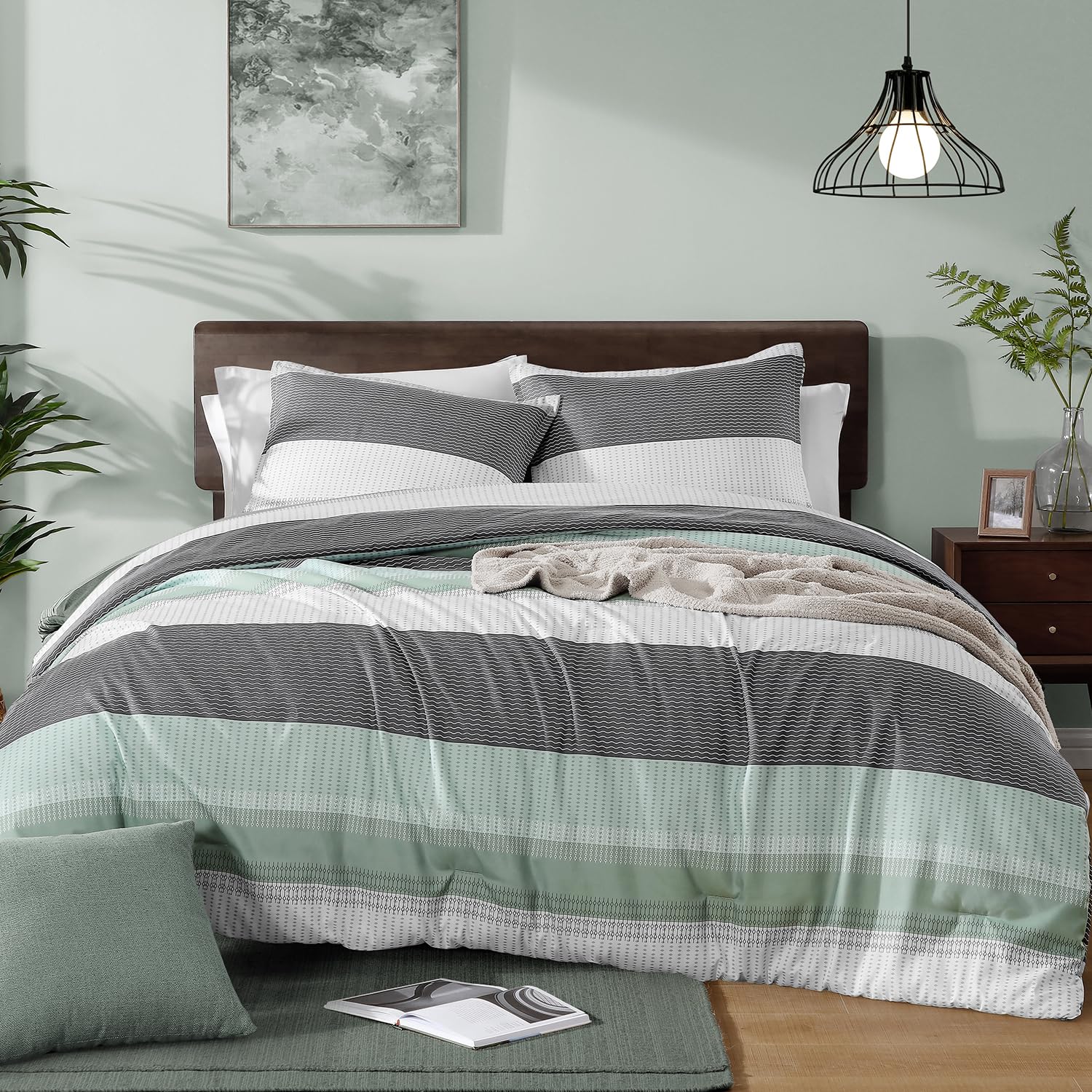 Andency Striped Comforter Set King Size (104x90 Inch), 3 Pieces (1 Mint Stripe Comforter, 2 Pillowcases) Soft Microfiber Down Alternative Comforter Bedding Set with Corner Loops (Mint, Green, White)-image-34