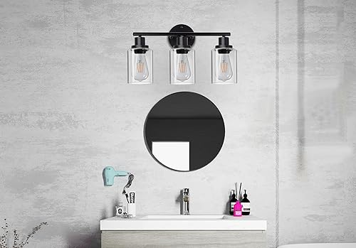 Miniatura 9 de Ldeco Luces de tocador de 3 luces para baño, lámpara de baño negra y dorada con pantalla de vidrio transparente de burbujas, luces modernas para