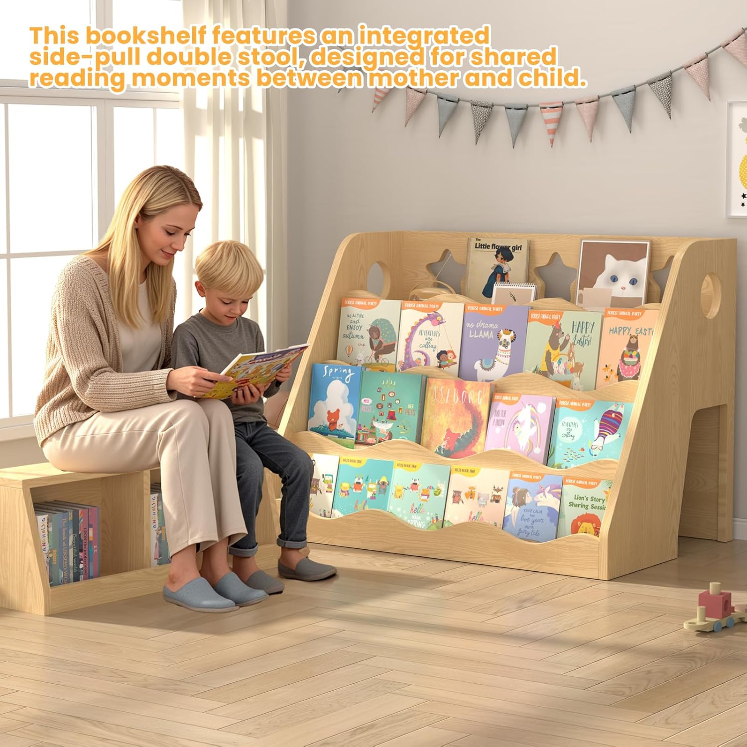 Wooden 4-Tier 24x24Inch Scalloped Bookshelf, Kids Montessori Bookshelf with Toy Storage, Toddler Bookcase Organizer for Nursery, Front Facing Display Shelf for Baby Room - Image 3