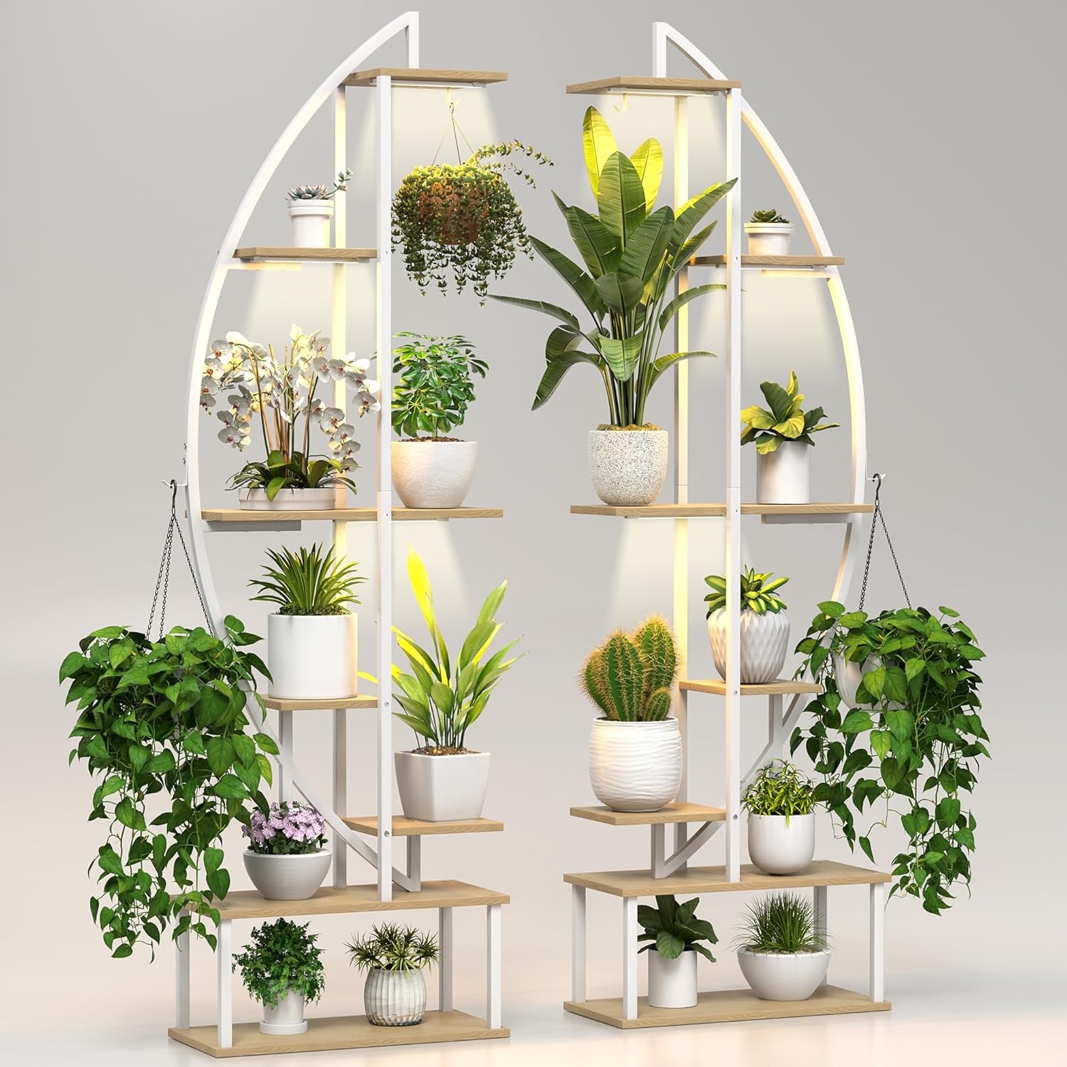 Plant Stand Shelf Rack Indoor with 6 Built in Grow Light, 7 Tiered 65" Tall White Large Lighted Half Moon Curved Plant Stand for Indoor Growing, 2 Pack Arch Sturdy High Herb Flower Shelving Light Brown Board White Metal 7 Tier 2 Pack