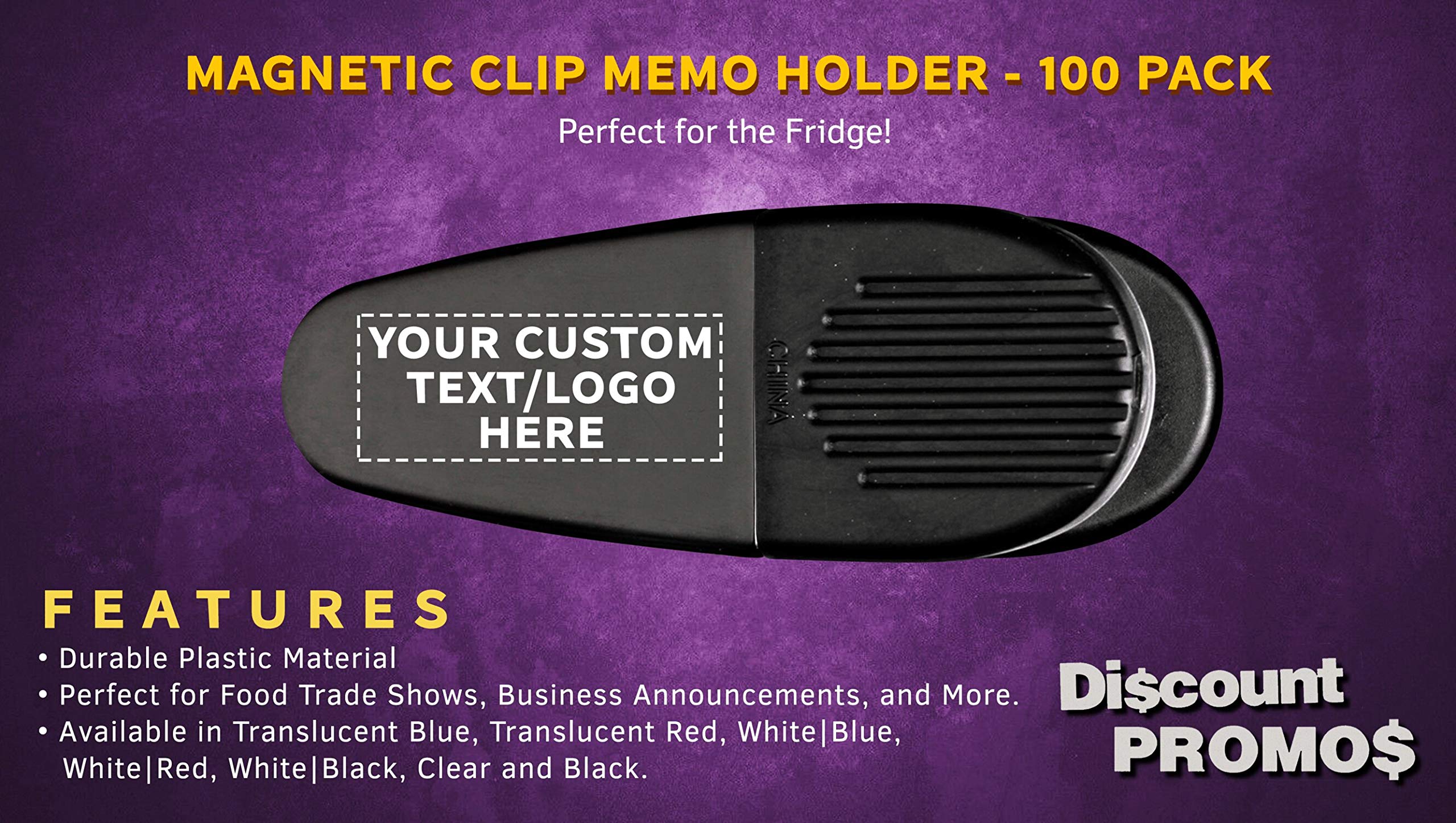100 Magnetic Memo Holders Set - Customizable Text, Logo - Large Clip, Plastic - Black