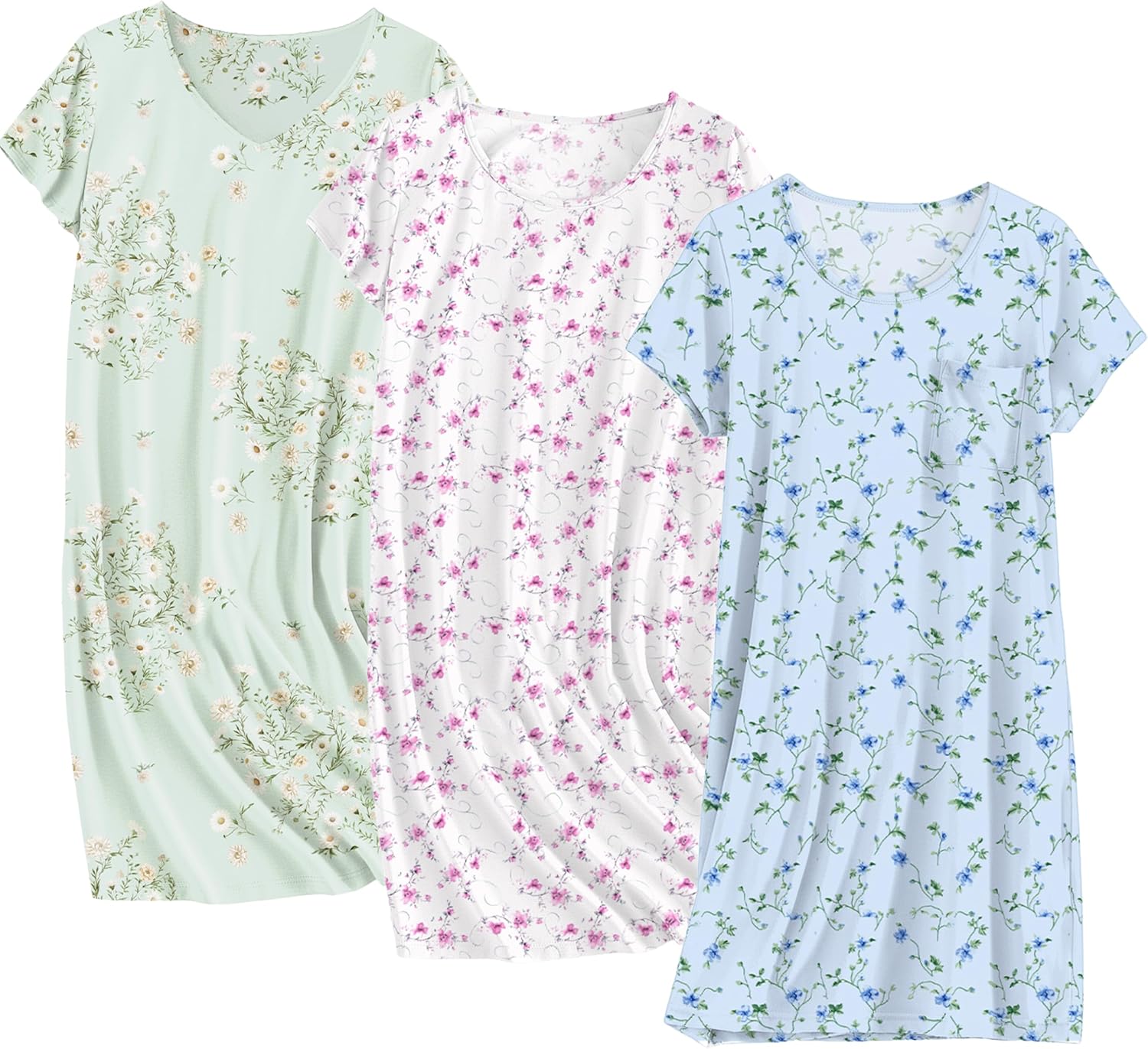 Ekouaer Cotton Nightgowns for Women 3 Pack Sleepshirts Short Sleeve Night Shirt Tshirt Night Gown Print Sleepwear Dress