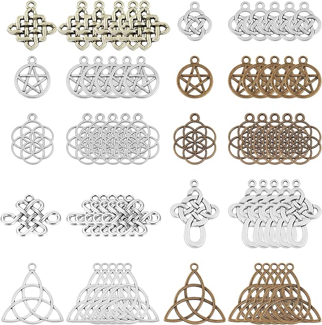 SUNNYCLUE 1 Box 60Pcs 10 Styles Celtic Knot Charms Pendants Pagan Chinese Trinity Knot Flower of Life Chakra Tibetan Style Alloy Hollow Pendants for Crafts Making Supplies, Antique Silver Bronze