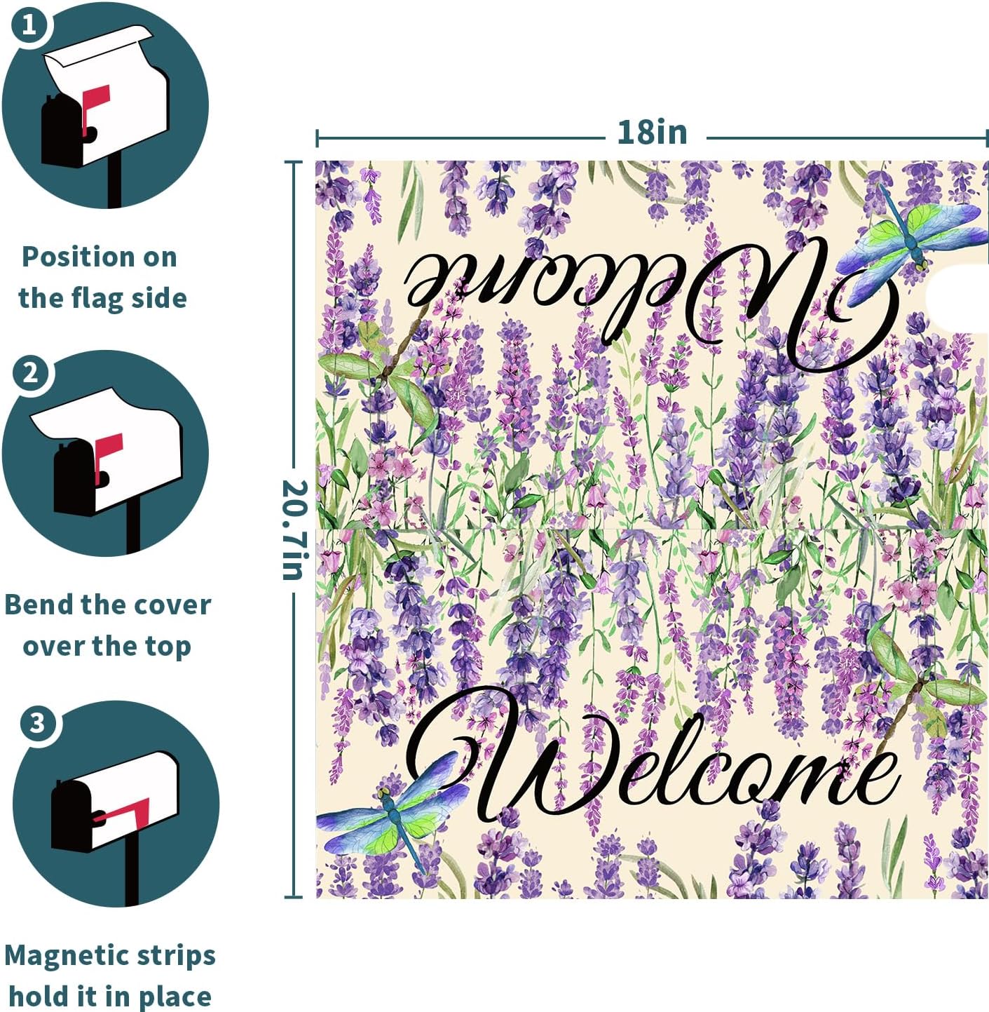 Lavender Welcome Magnetic Mailbox Covers Standard Size 21x18 in, Farmhouse Summer Purple Flower Floral Polyester Cloth Mail Letter Post Box Wrap Cover for Garden Home Decor