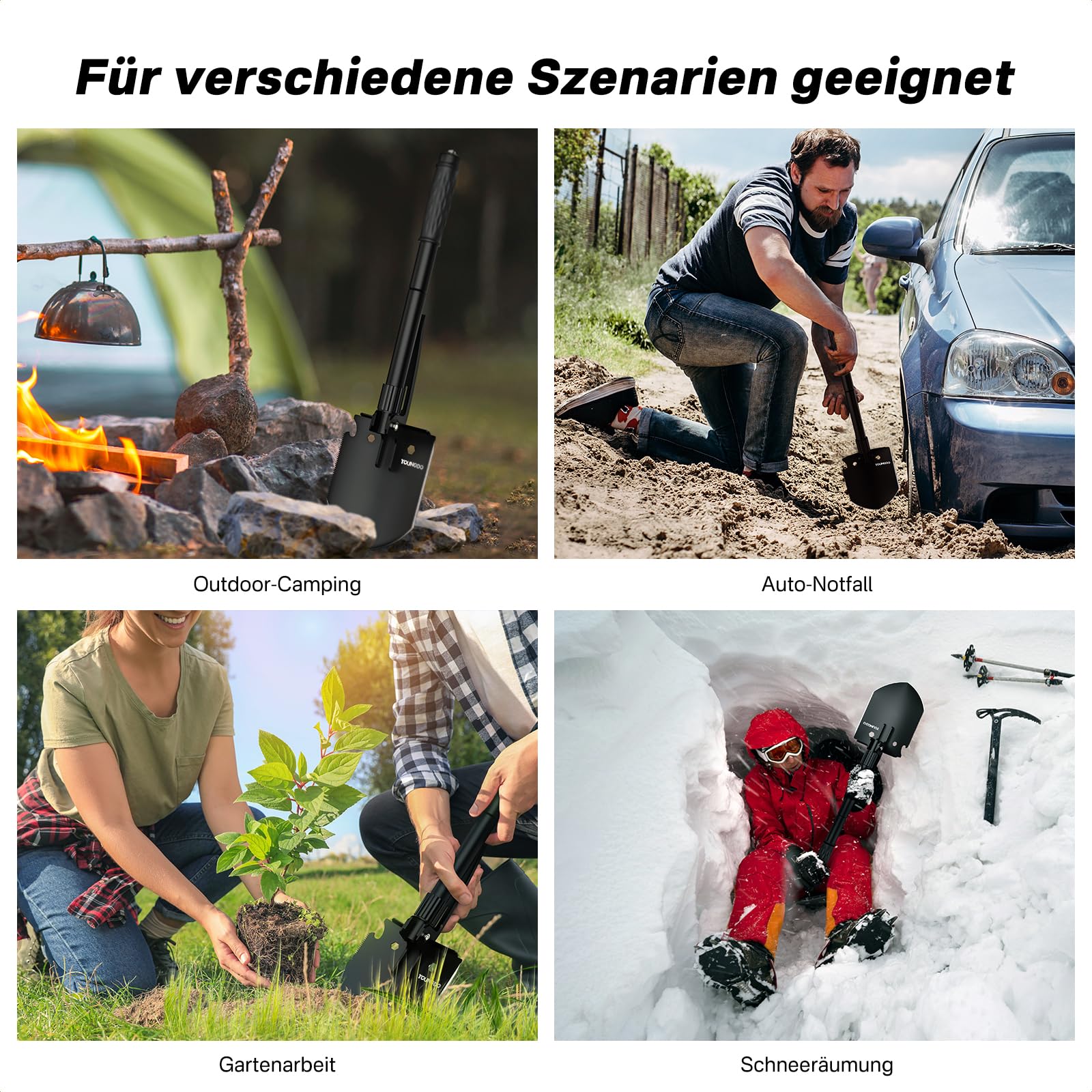 YOUNGDO Klappspaten 10 Funktionen, Multifunktional-Klappschaufel, Einfach Tragbar, Rostfrei Spaten aus Hochwertiger legierter Stahl, Abnehmbar Schaufel für Überleben/Schneeschaufeln/Garten/Camping