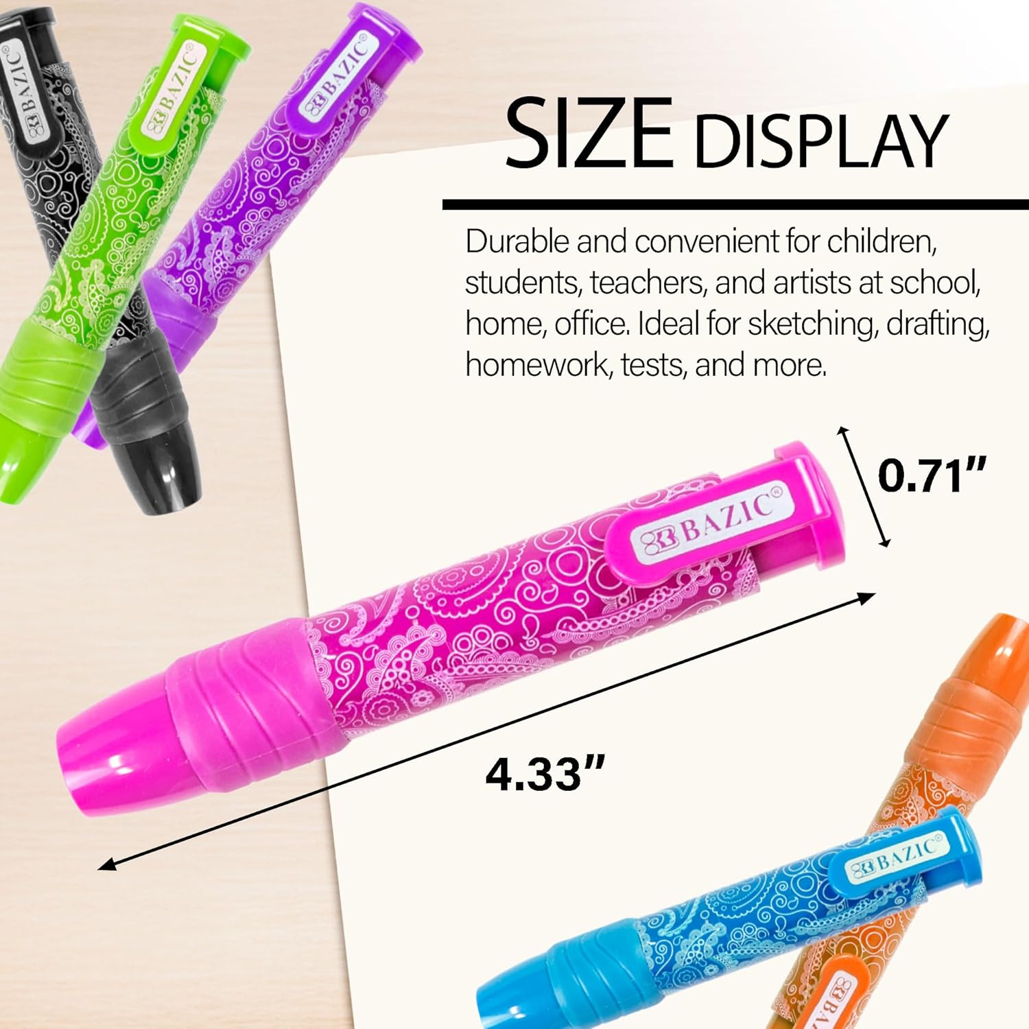 BAZIC Products Retractable Stick Erasers Paisley, Mechanical Pencil Eraser, Large Size Click Eraser for Art Drawing Sketching (2/Pack), 24-Packs