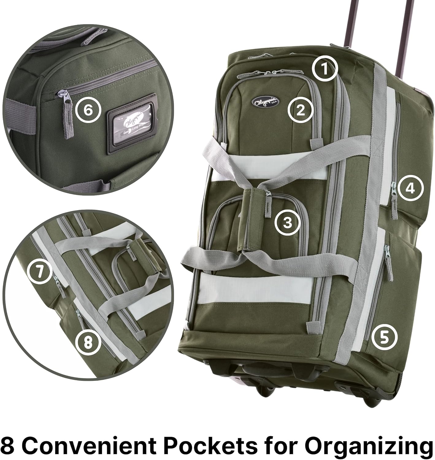 Olympia U.S.A. 33 inch Jumbo Size 8 Pockets Wheeled Rolling Duffel Bag Water Resistant Luggage Lightweight Travel Suitcase with Retractable Handle - Image 2