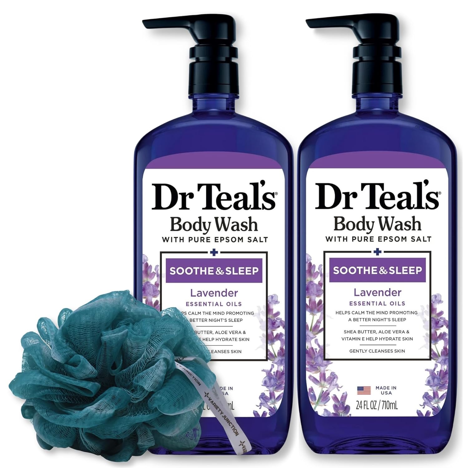 Dr Teal Lavender Body Wash 24oz, 2-Pack with Premium Sponge - Relaxing and Hydrating Bath Essentials