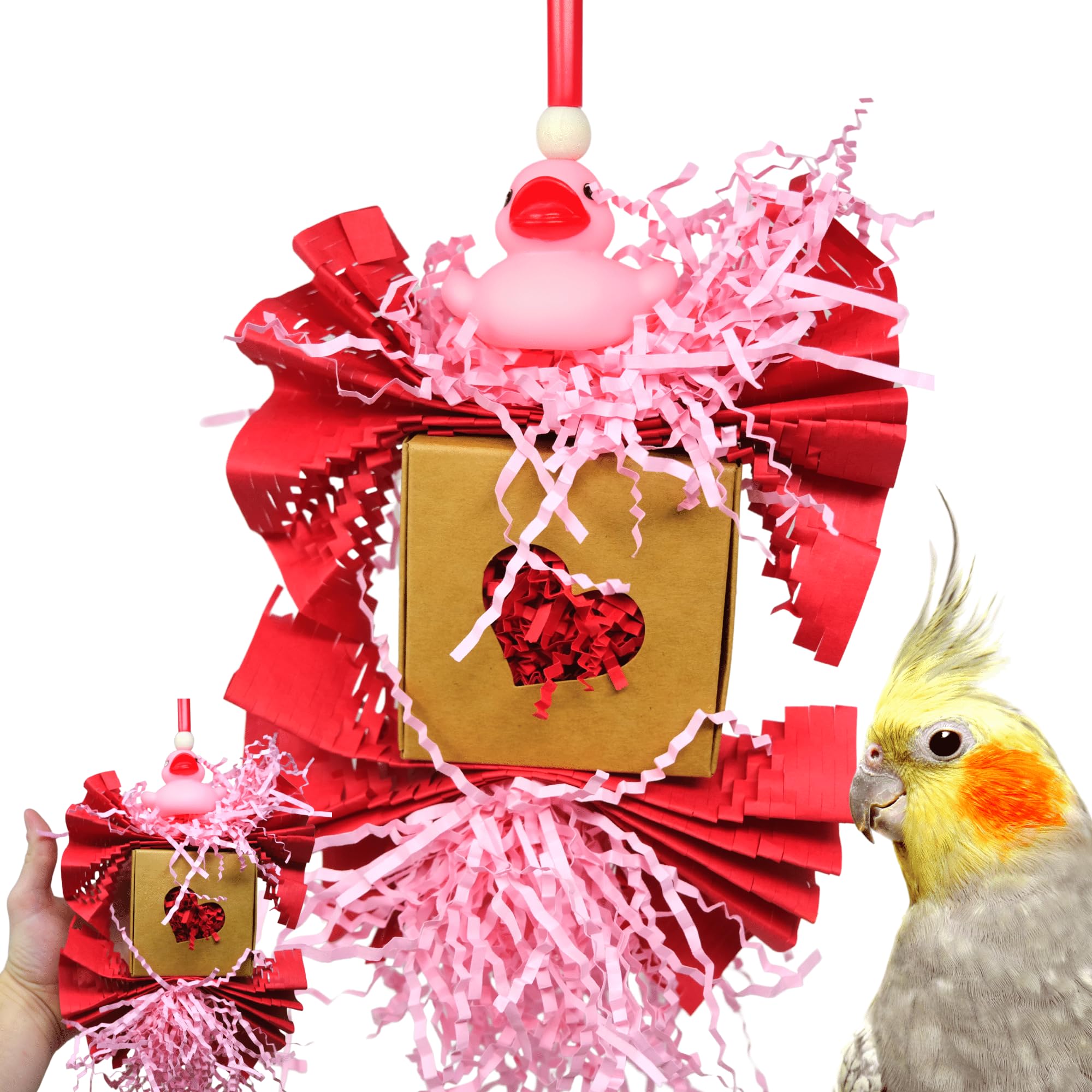 1004 Love Duck Bird Toy – Valentine's Day Foraging Toy with Rubber Ducky, Shreddable Pink Paper, and Heart-Themed Cardboard for Cockatiels, Parakeets, Conures – 9” H x 6” W – Easy to Hang, USA Made