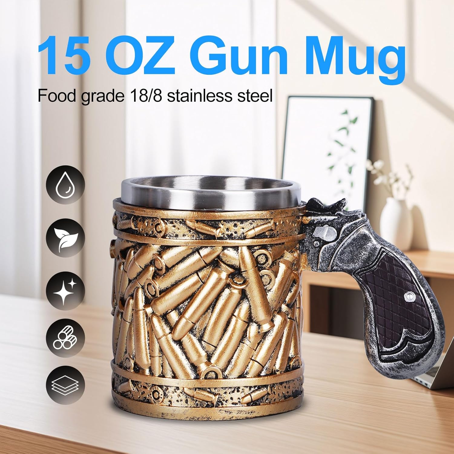 Gun Mug, Gun Handle Coffee Mug, Stainless Steel Bullet Pattern Beer Mug, Unique Coffee Mugs, Fathers Day Dad Gifts, Birthday Gifts for Men (15 OZ) - Image 2