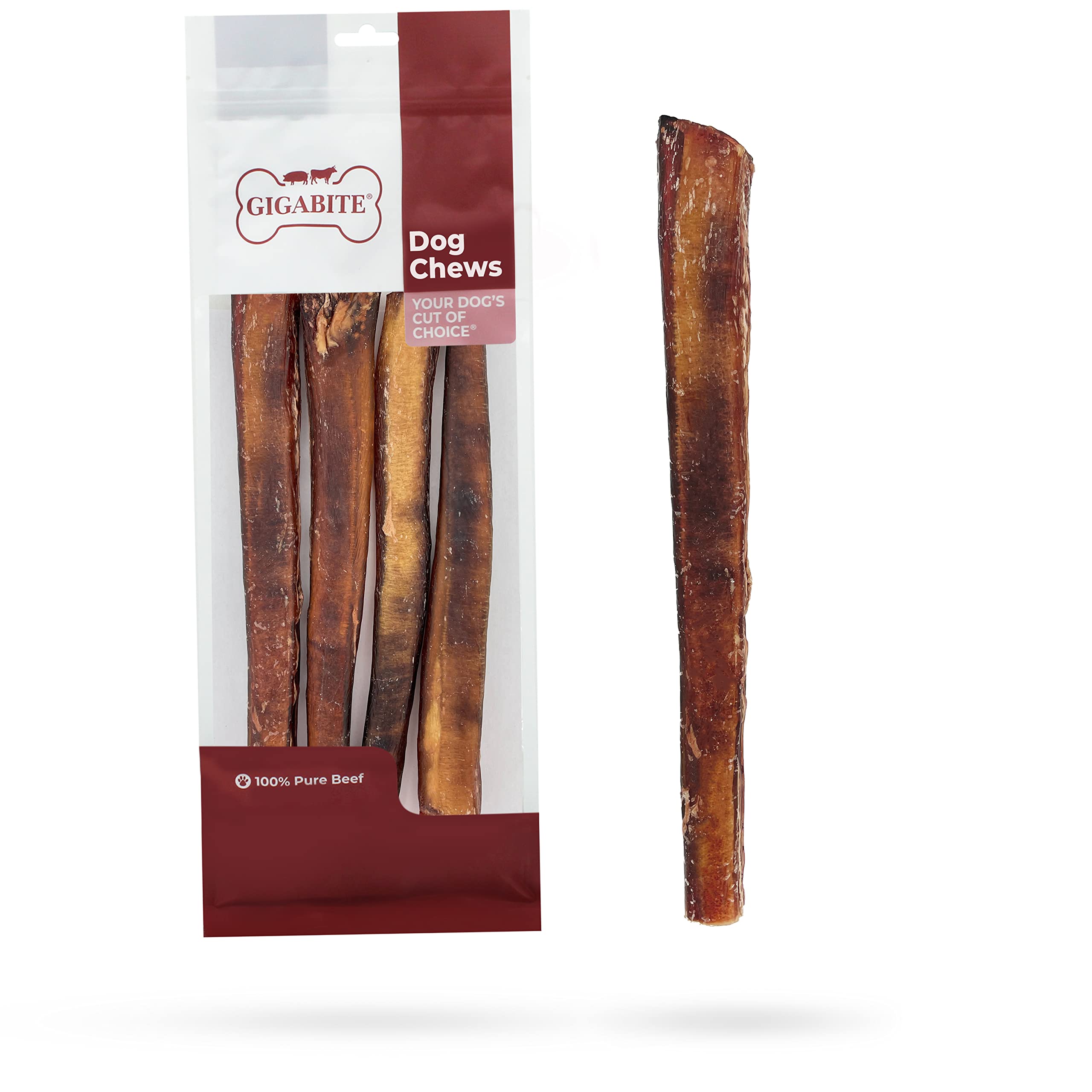 GigaBite Bully Sticks for Dogs All Natural Beef Pizzle Dog Chews, Odor &amp; Rawhide Free Dog Treats, Long Lasting High Protein Chews Digestible Dental Dog Treat - Sticks (Monstrous 12"), Pack of 4