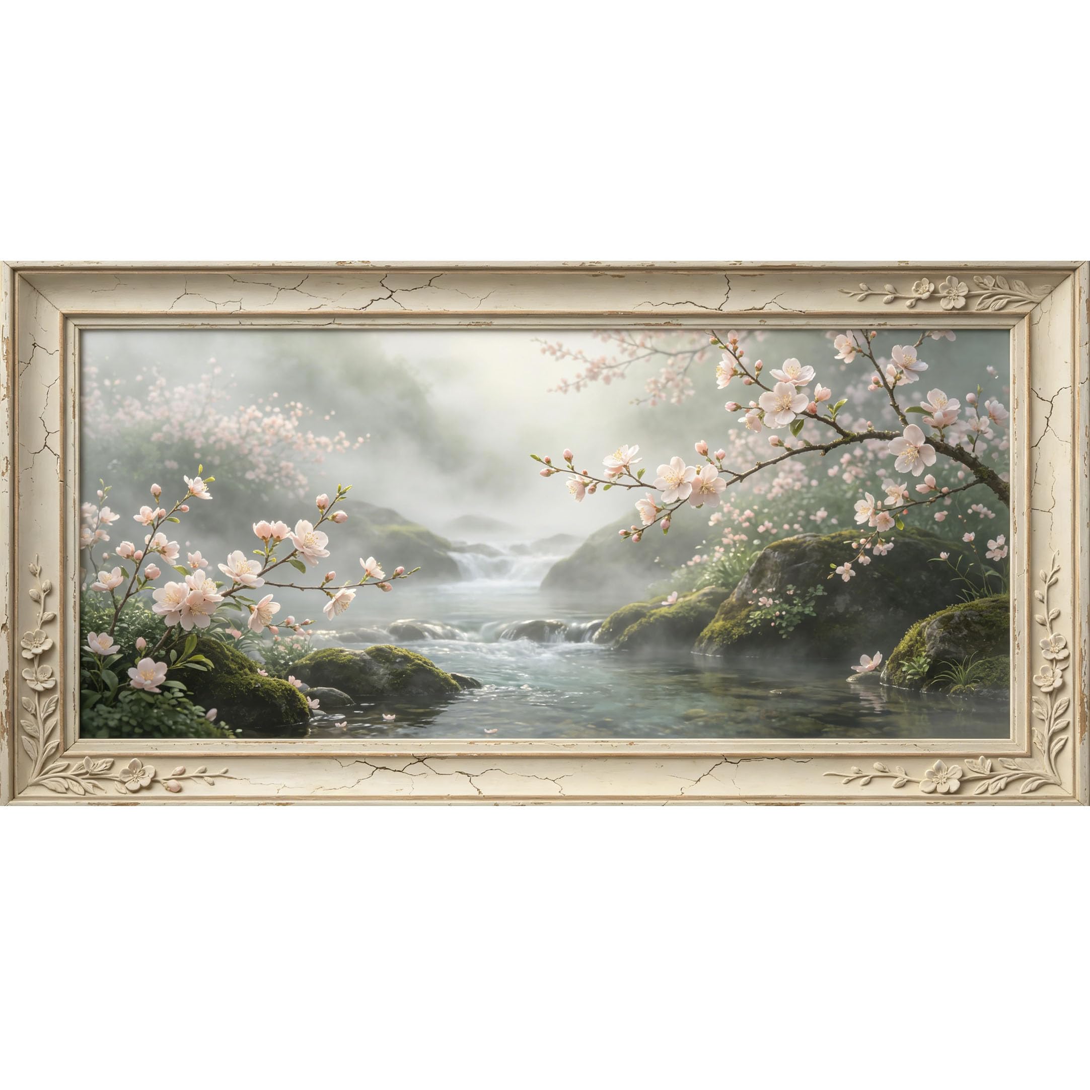 Agglomerix 3D Framed Wall Art Cherry Blossom Sakura River Landscape Botanical 3D Trompe l'oeil Large Size SelfAdhesive Removable Wall Decor Prints Artwork for Living Room Bedroom Office