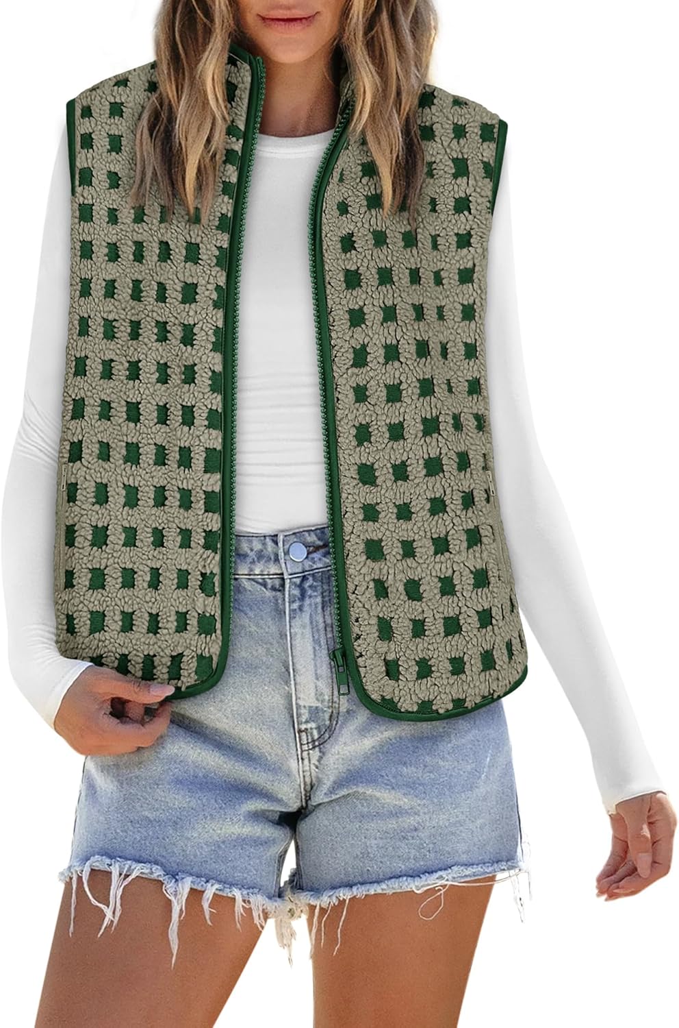 Women’s Sherpa Vest Sleeveless Plaid Zip Up High Neck Warm Fleece Gilet Outerwear Crop Jackets with Pockets - Image 6