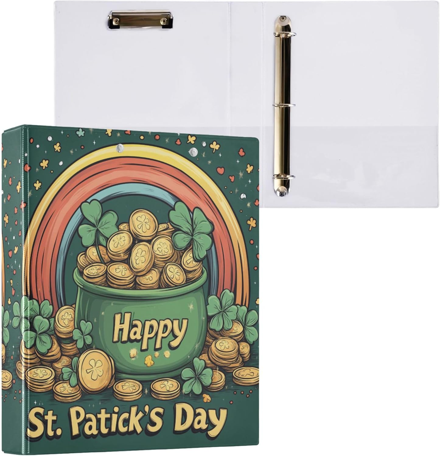 Happy St. Patrick's Day 3 Ring Binders, 1.5” Round Ring Binders with Clipboard - Letter Size, 3 Interior PVC Clear Pockets & Anti-Slip Clip for Office School Supplies, 2PCS