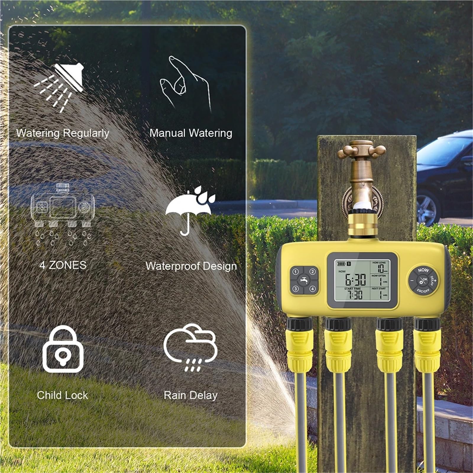Timer acqua a 4 uscite Il più recente di irrigazione automatica da giardino a 4 zone Temporizzazione intelligente degli irrigatori for il controller di irrigazione del giardino