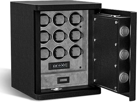 DUKWIN Automatic Watch Winder safe with Fingerprint and Digital Lock, Heavy Full-Steel 9 Watch Winding Safe Box with Dual Alarm System,Jewelry Storage and RGB Light for Luxury Watches