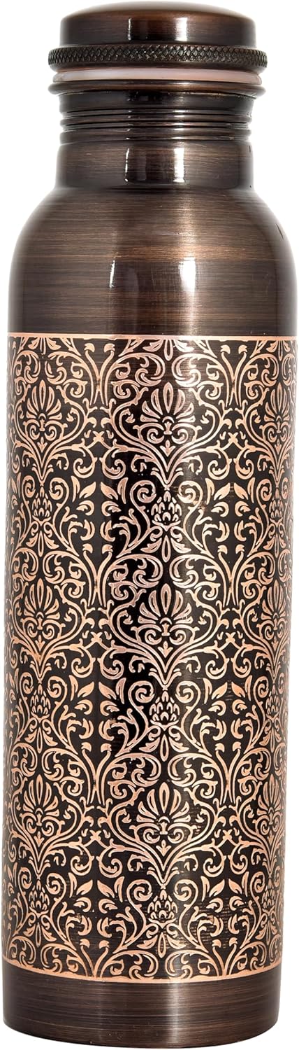 VJR 100% Pure Copper Water Bottle for Drinking, 32 Oz Large Hammered Ayurvedic Bottle with 2 Pockets Canvas Bag Leak-Proof Insulated Copper Utensil
