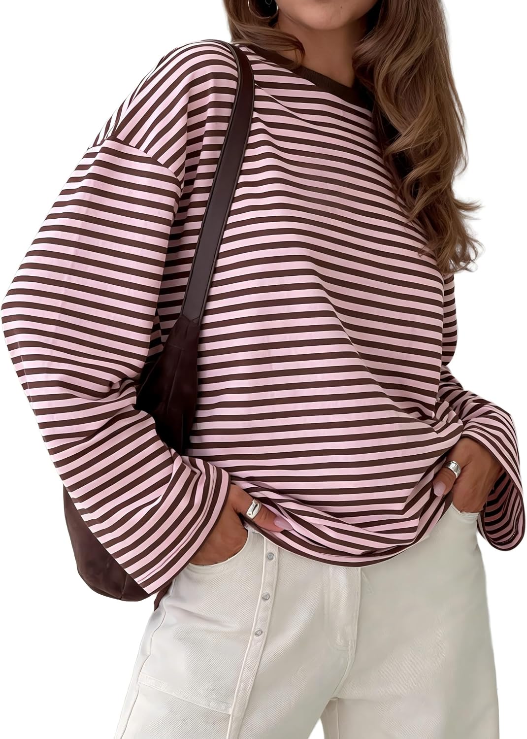 Womens Striped Oversized Sweatshirt Color Block Crewneck Long Sleeve Loose Pullover Cozy Casual Y2K Tops