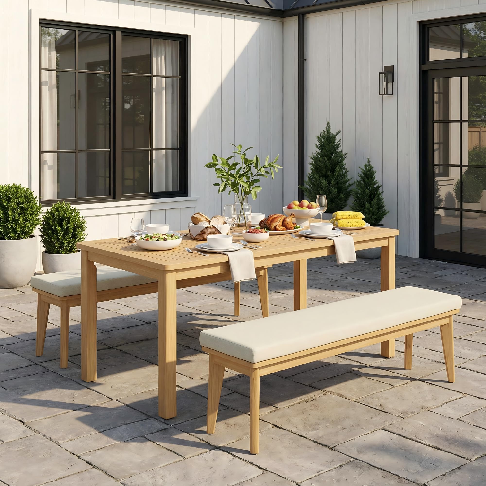 Wisteria Lane 3 Pieces Acacia Patio Dining Set for 4, Patio Dining Table and Chairs Set with Cushion, Modern Outdoor Dining Furniture Set for Lawn