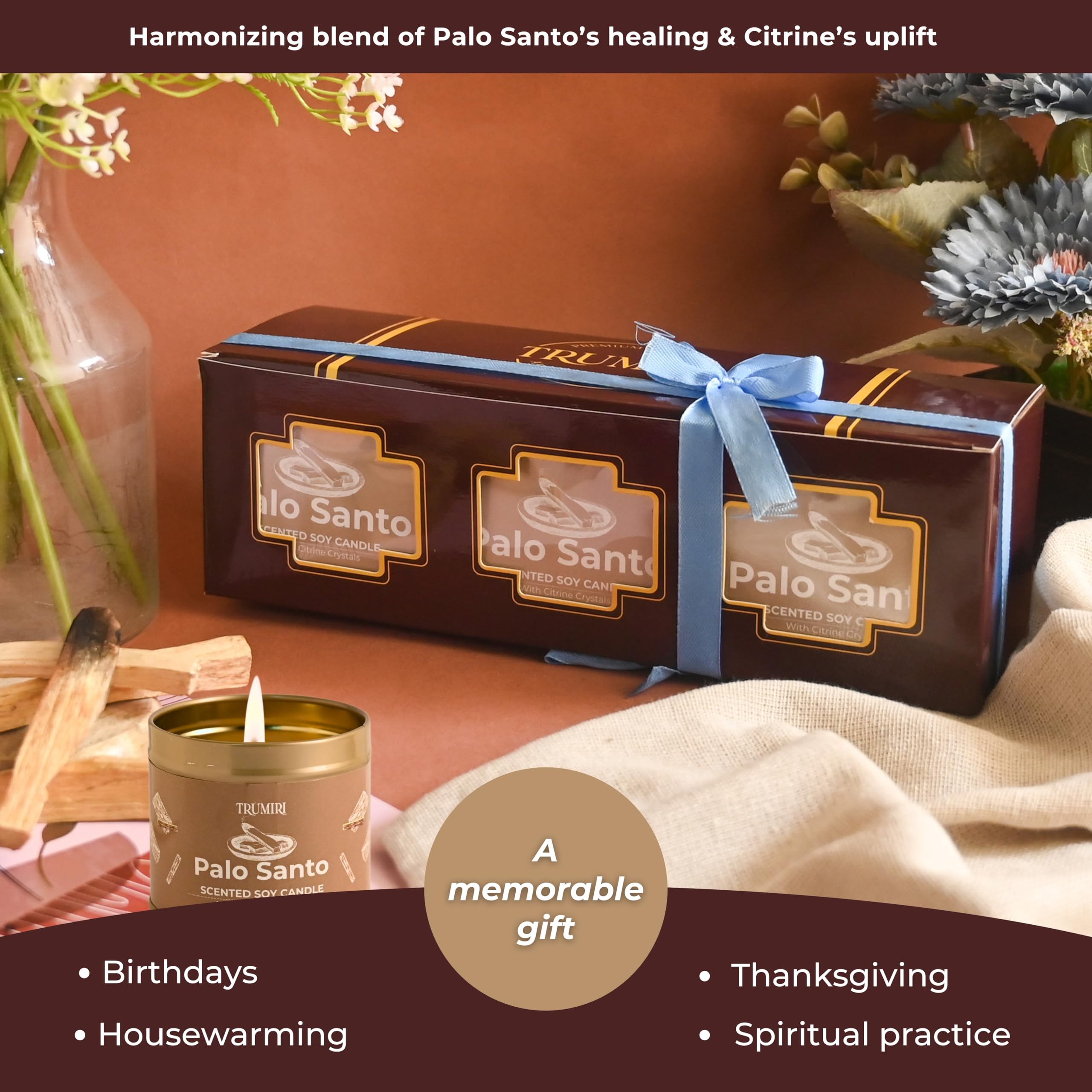 Palo Santo Kerze für Zuhause – stark duftend mit Citrin-Kristallen – Packung mit 3 x 142 g Sojawachs, organisch, ungiftig, für Aromatherapie, Entspannung, Meditation, Raumdekoration für Männer,