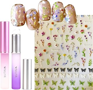 Flower Nail Art Stickers Decals, 2PCS Silicone Ombre Chrome Applicator Brushes for Powder, Floral Plant and Butterfly Decals Design of 5D Embossed Self-Adhesive Nail Art Supplies for Women