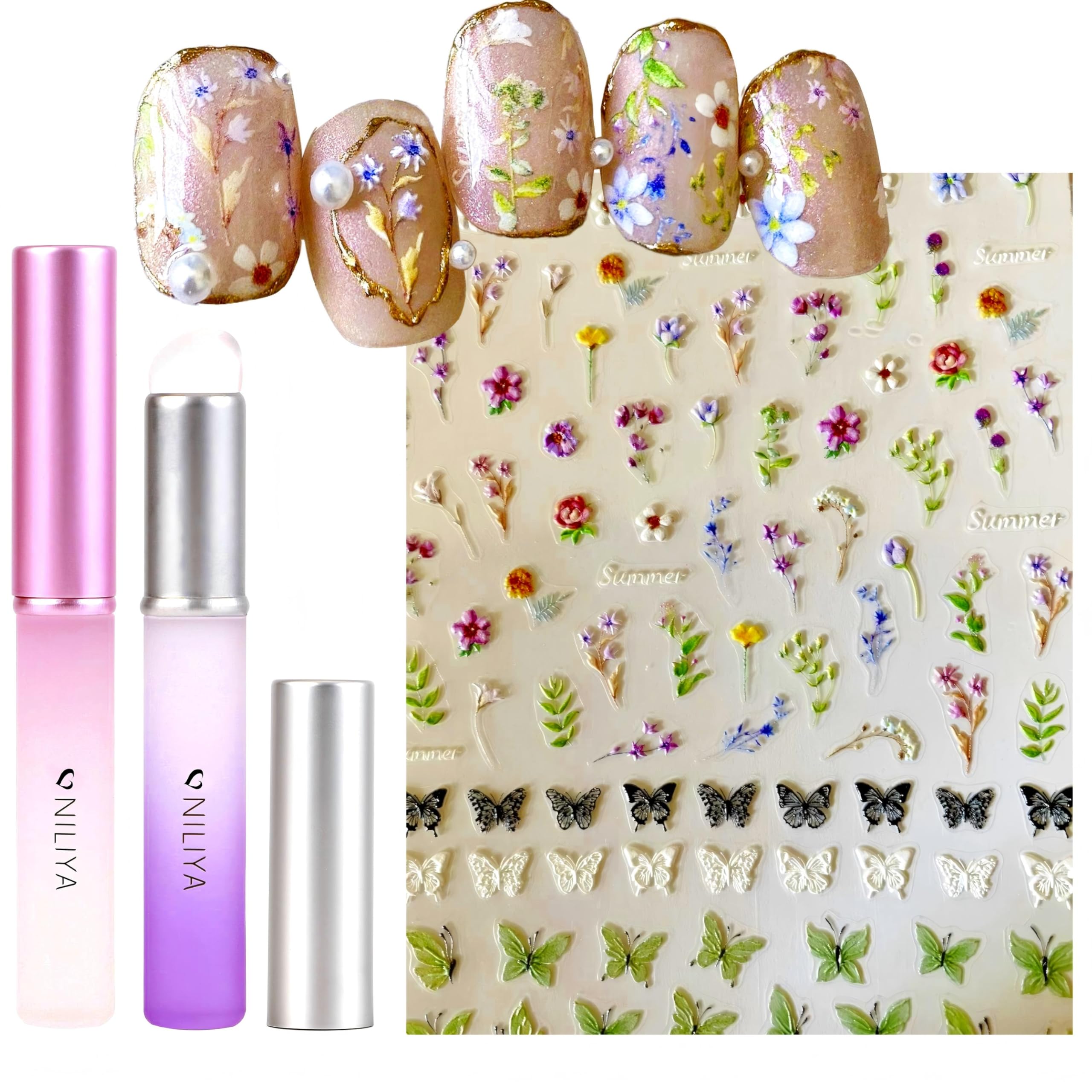 NILIYA Flower Nail Art Stickers Decals, 2PCS Silicone Ombre Chrome Applicator Brushes for Powder, Floral Plant and Butterfly Decals Design of 5D
