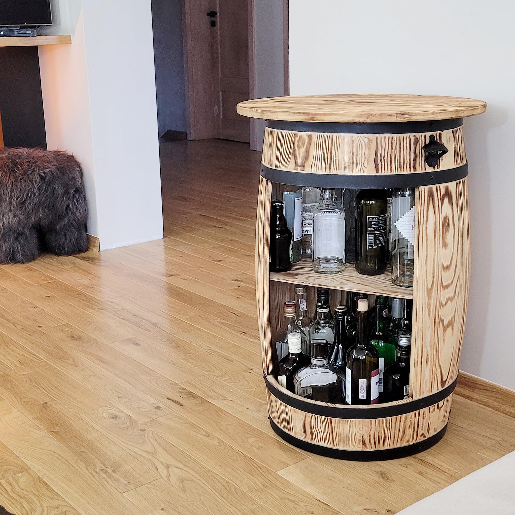 weeco Bar Tonneau en Bois - Meuble Bar avec Plateau et Ouvre-Bouteille - Étagère pour 30-40 Bouteilles - Style Rustique et Vintage - 80x50 cm