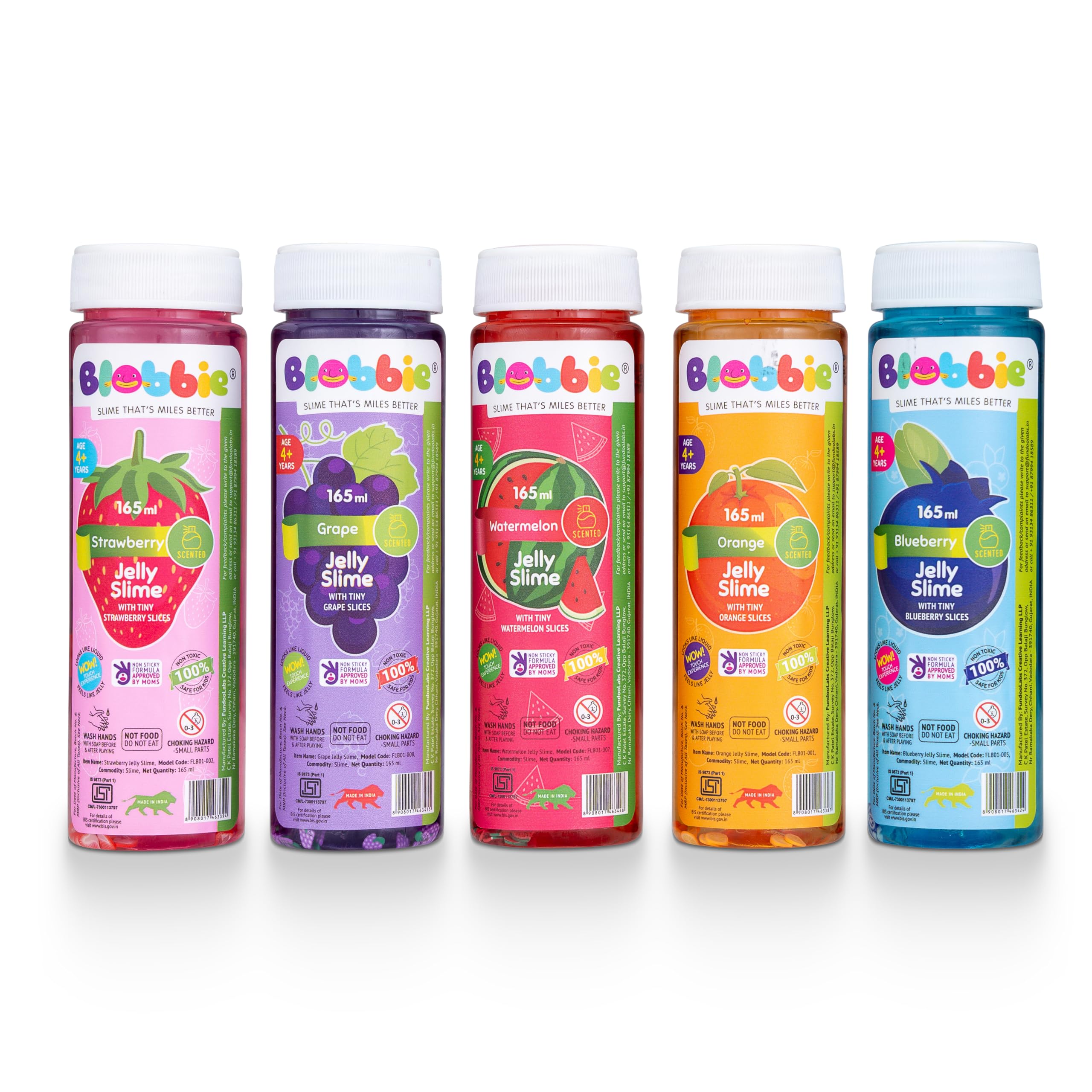 Blobbie® Fruit Jelly Slime Set of 5| Strawberry Blueberry Grape Watermelon Orange | 165 ml x 5 = 825 ml |Fruity Fragrances | With Tiny Fruit Slices |100% Non-Sticky | 100% Non-Toxic | For Age 4+ years-image-24