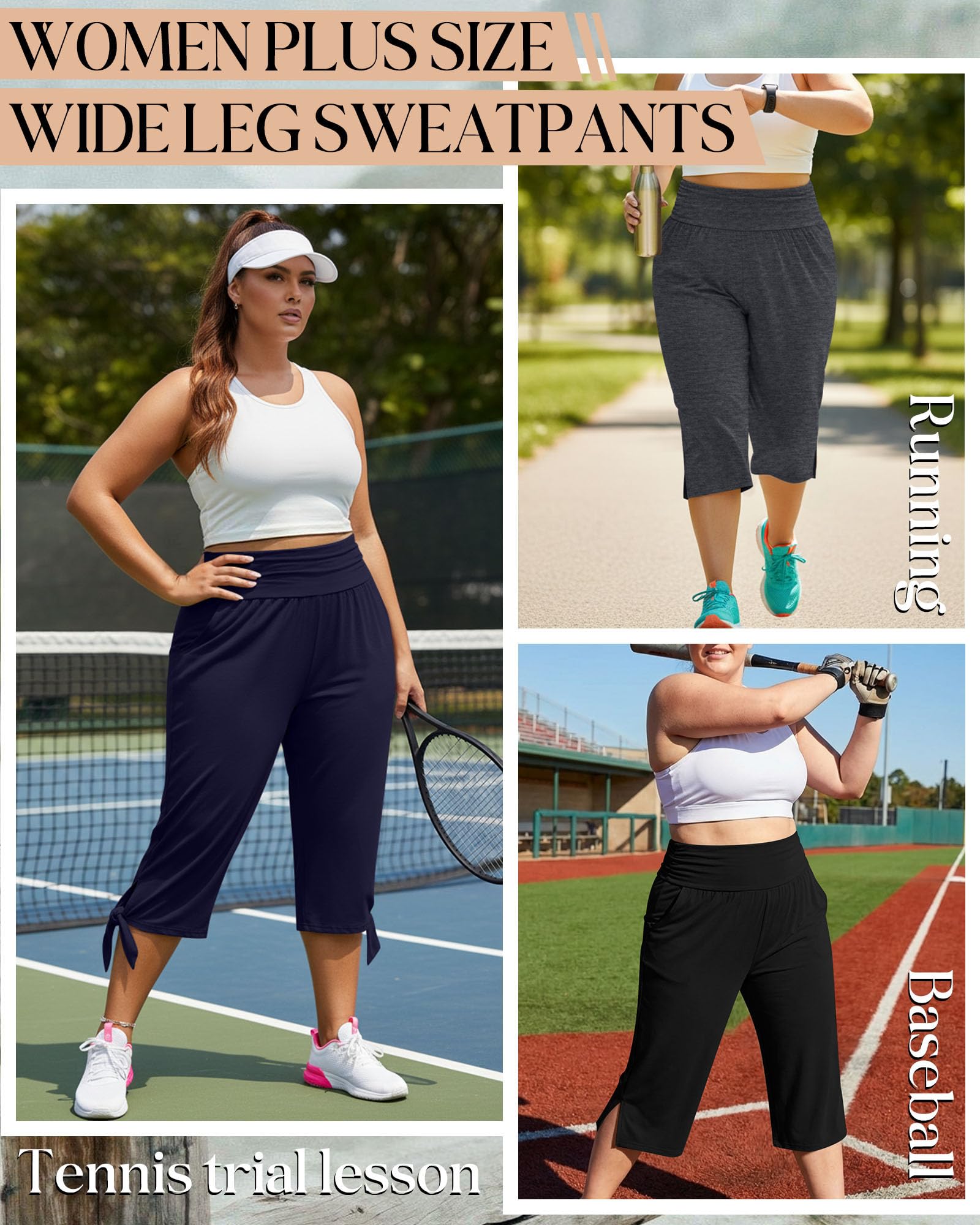 Neer Lot de 3 pantalons capri en coton taille haute pour femme avec poches, Noir, gris foncé, bleu marine, Taille 3XL